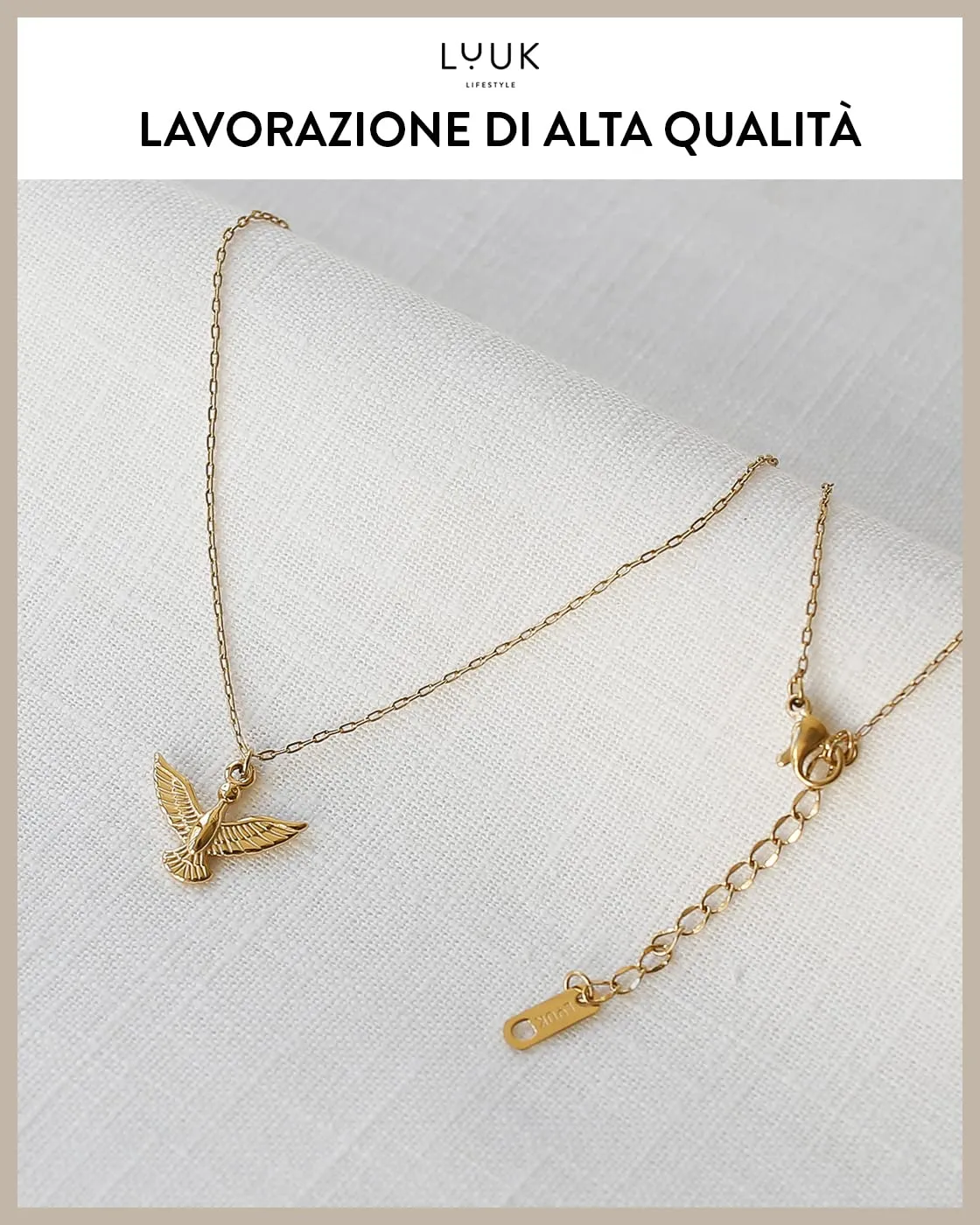 LUUK LIFESTYLE Collana in Acciaio Inox con Ciondolo Aquila, Oro, 50cm - immagine 4