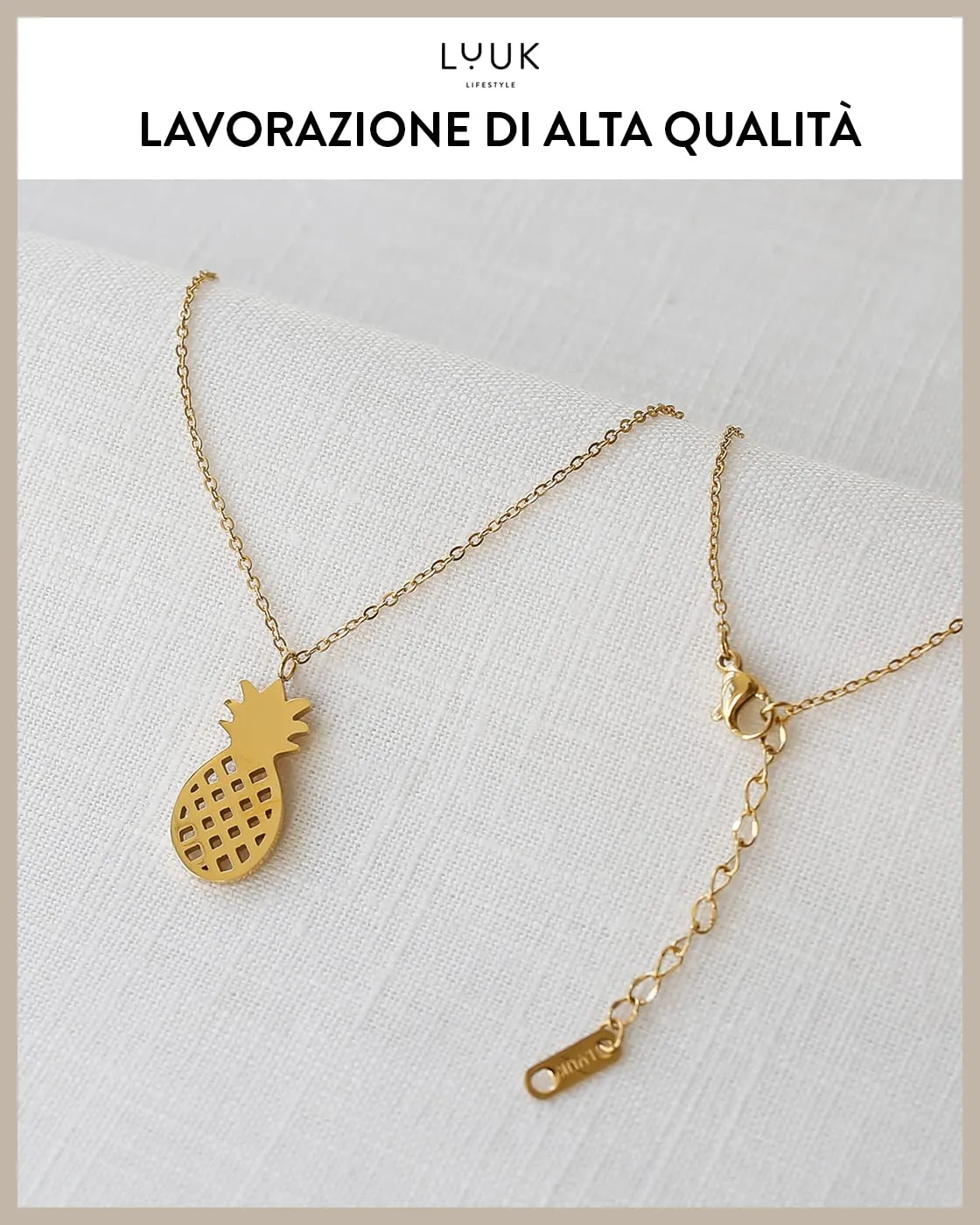 LUUK LIFESTYLE Collana in Acciaio Inox con Ciondolo Ananas, Oro, 50cm - immagine 4