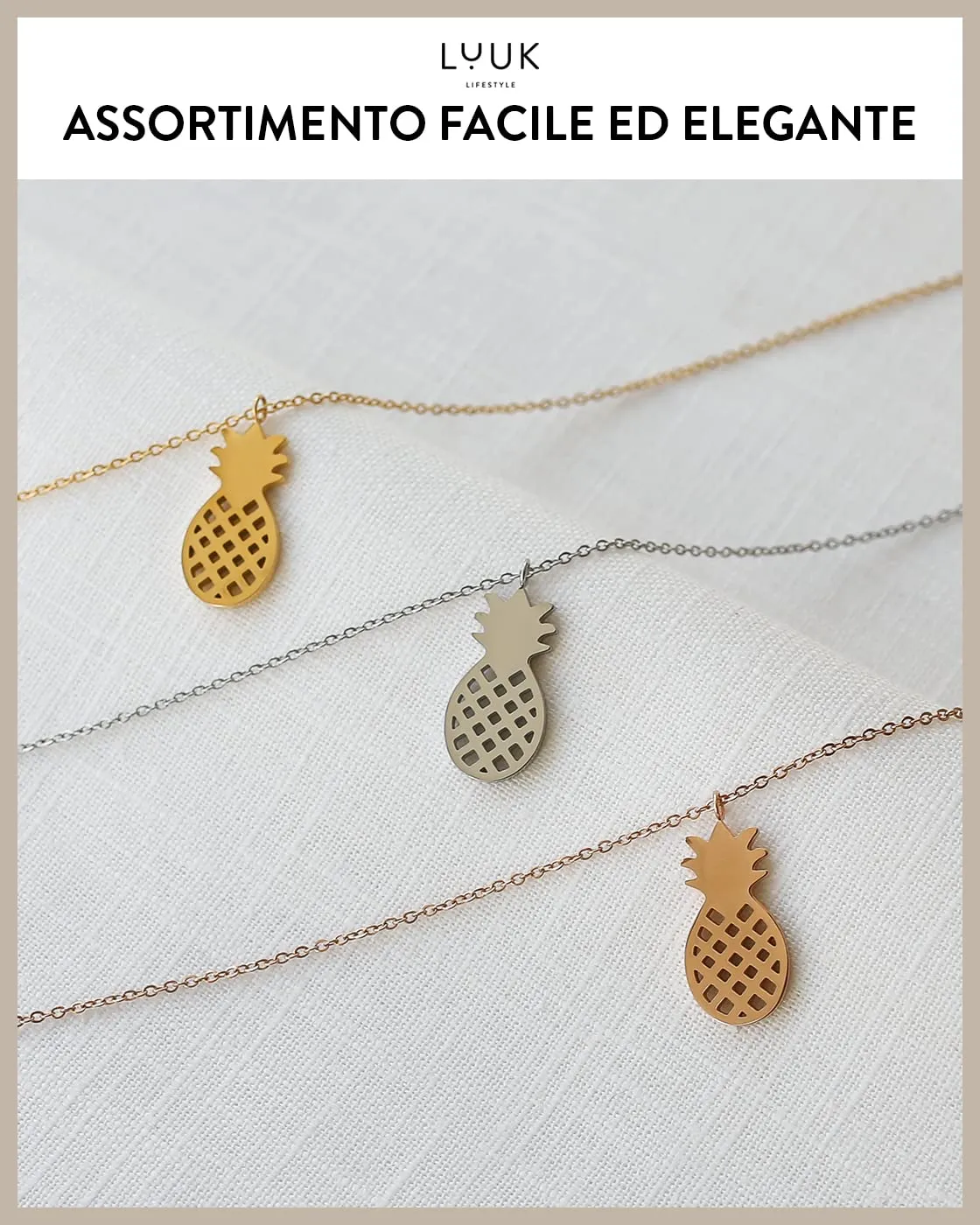 LUUK LIFESTYLE Collana in Acciaio Inox con Ciondolo Ananas, Oro, 50cm - immagine 6