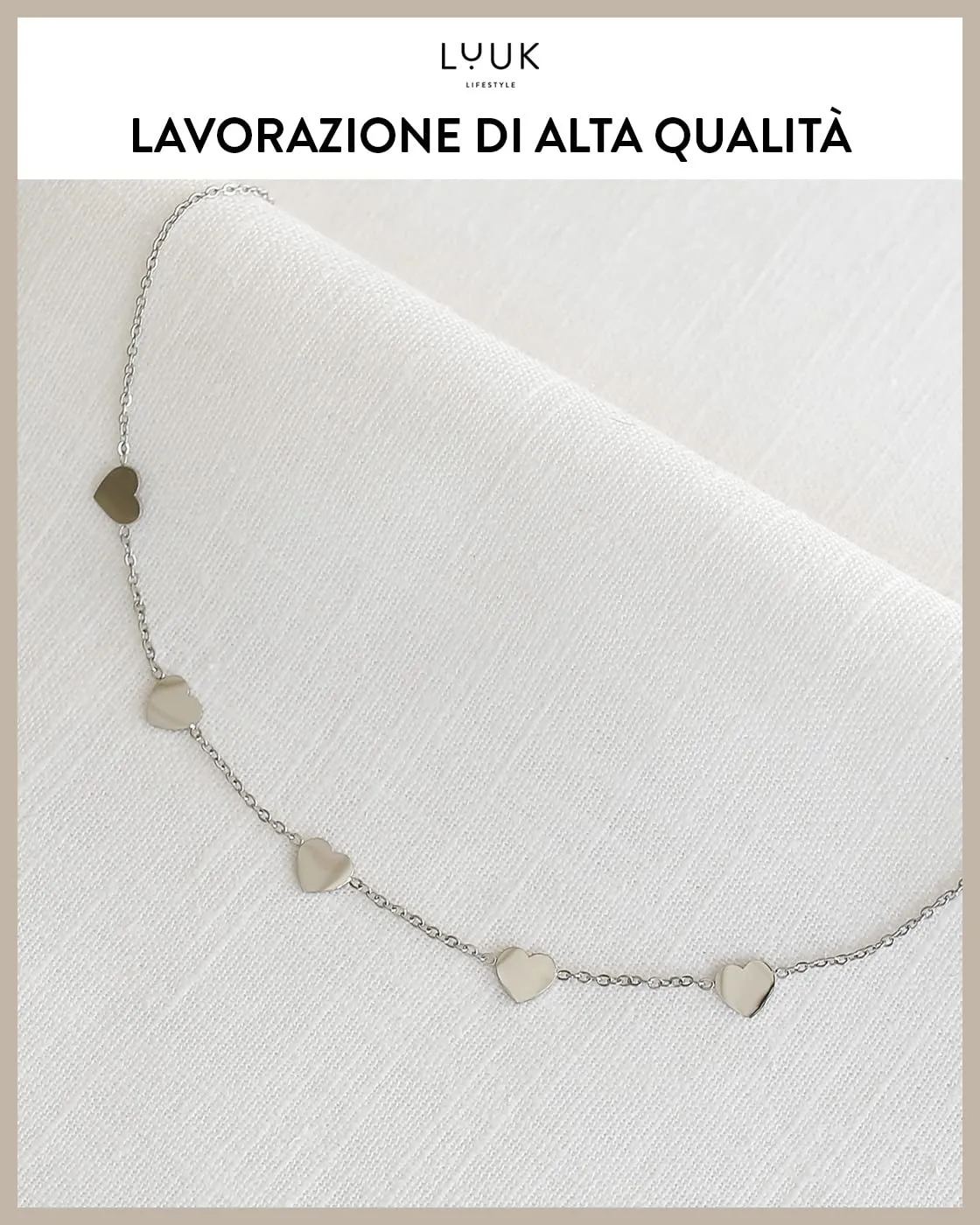 LUUK LIFESTYLE Collana in Acciaio Inox con Ciondolo di Cuori, Argento, 50cm - immagine 4