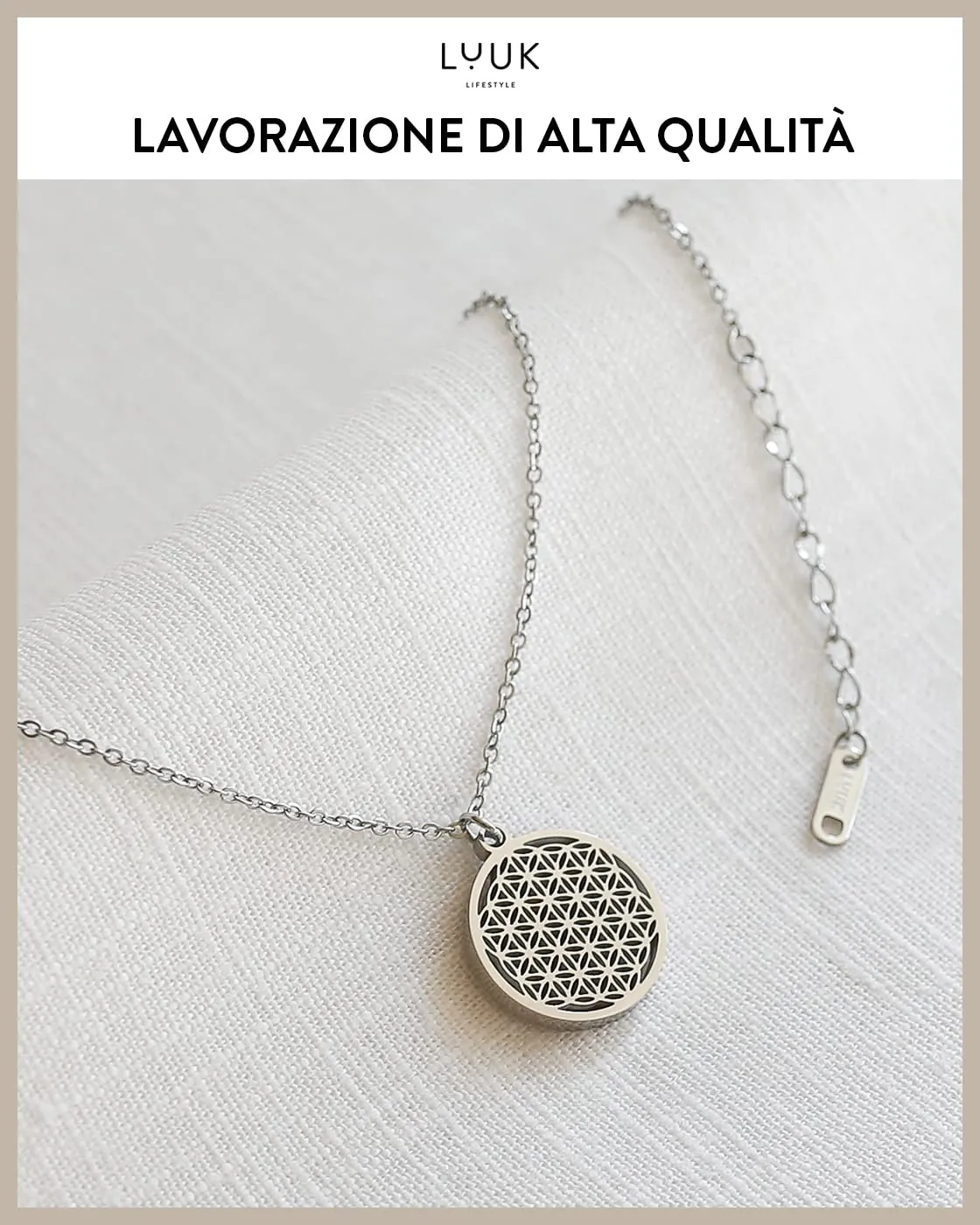 LUUK LIFESTYLE Collana con Ciondolo Fiore della Vita, Argento, 50cm - immagine 4