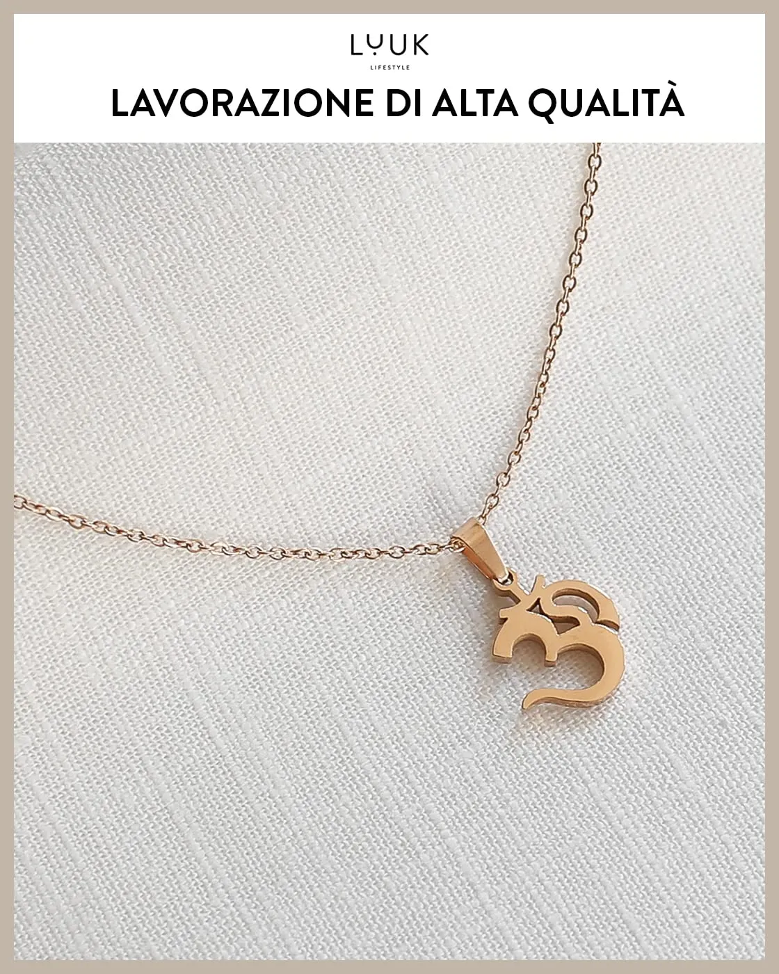 LUUK LIFESTYLE Collana Acciaio Inox con Ciondolo Om, Oro Rosa, 50cm - immagine 4