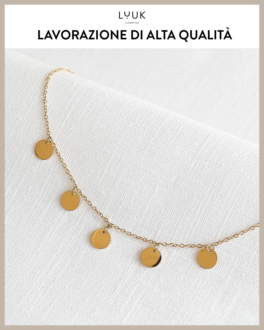 LUUK LIFESTYLE Collana con Ciondolo di Dischi Circolari, Oro, 50cm - immagine 4