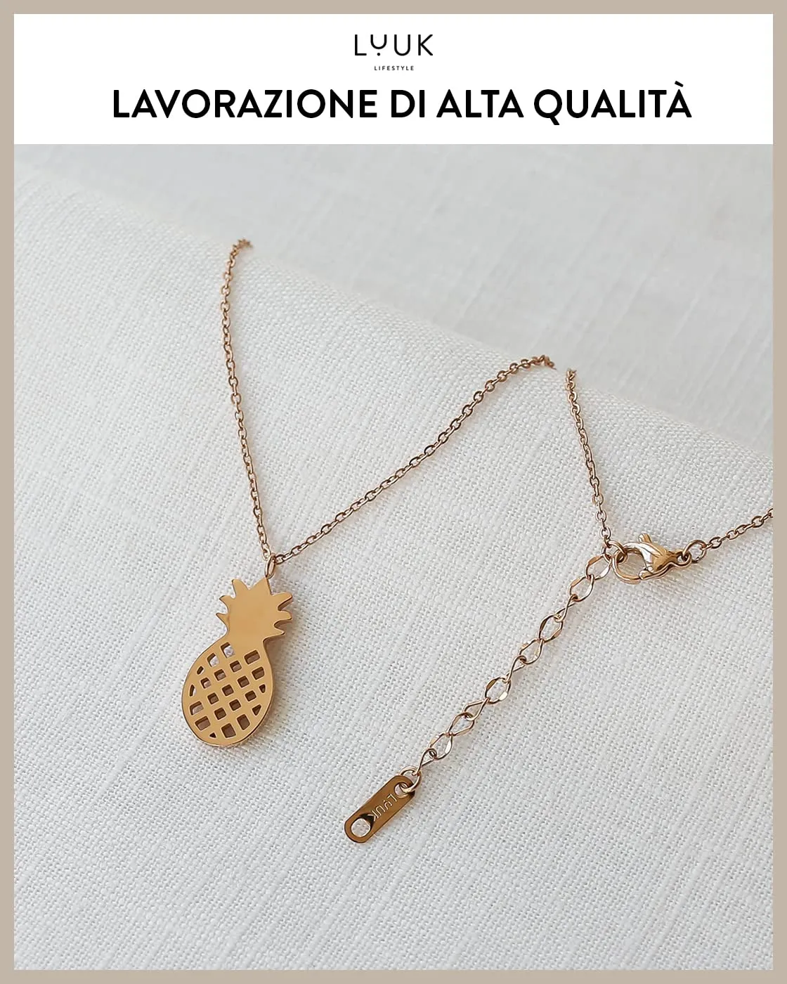 LUUK LIFESTYLE Collana in Acciaio Inox con Ciondolo Ananas, Oro Rosa, 50cm - immagine 4