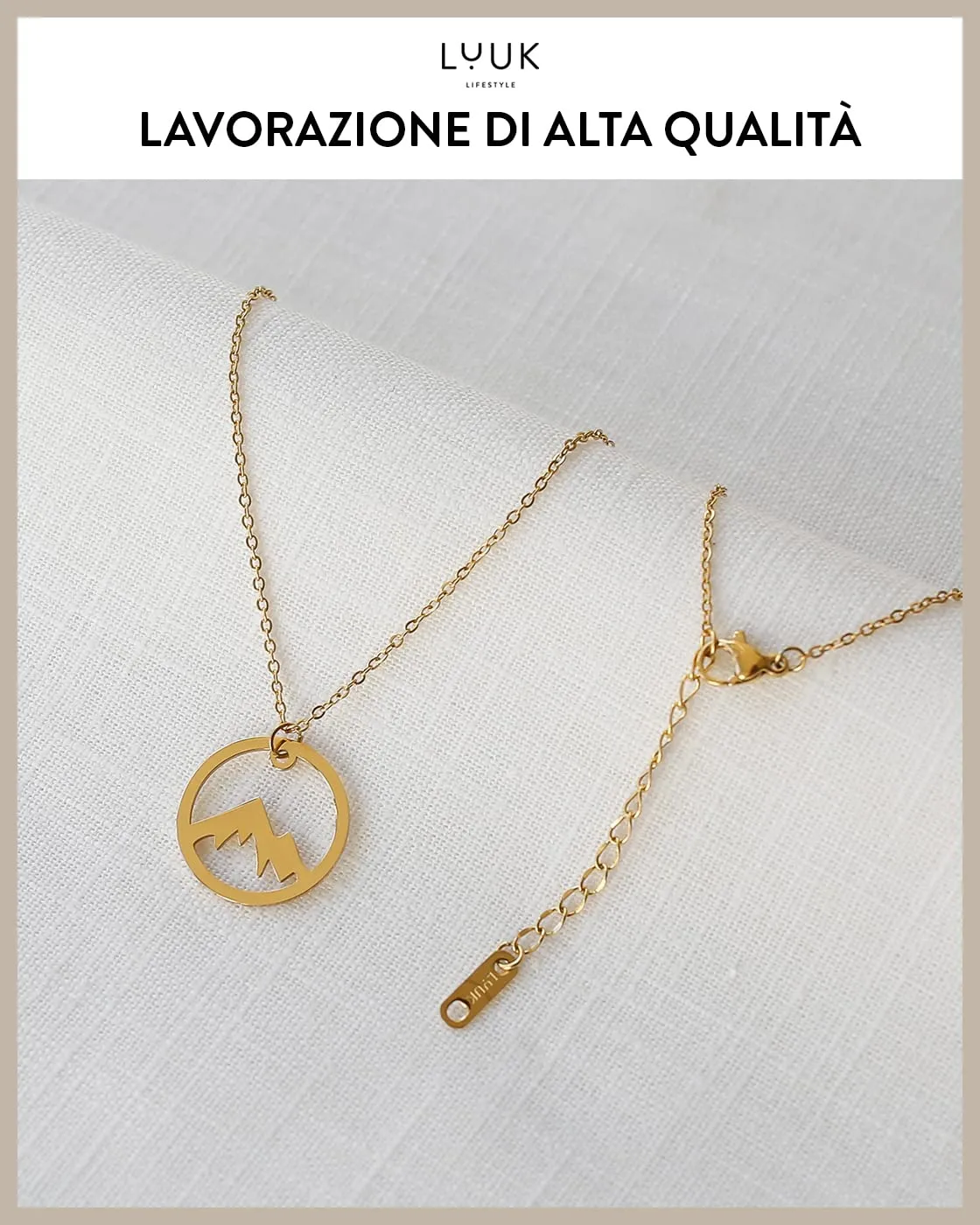 LUUK LIFESTYLE Collana con Ciondolo Vetta della Montagna in Acciaio Inossidabile, Oro, 50cm - immagine 4