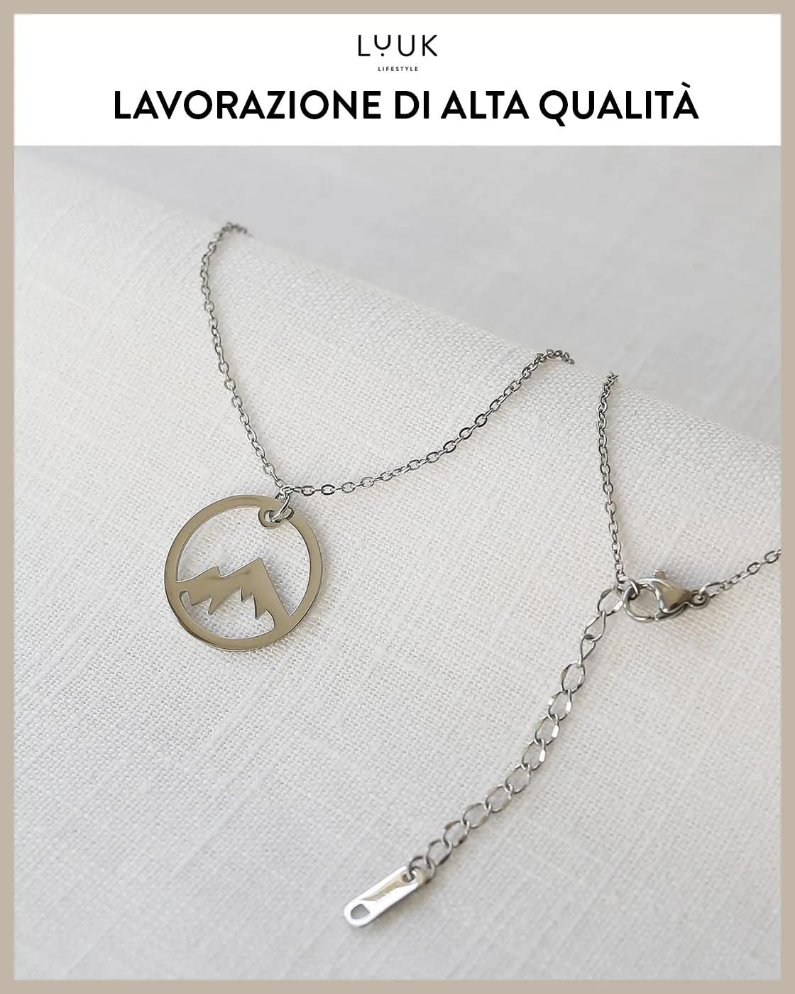 LUUK LIFESTYLE Collana con Ciondolo Vetta della Montagna in Acciaio Inossidabile, Argento, 50cm - immagine 4