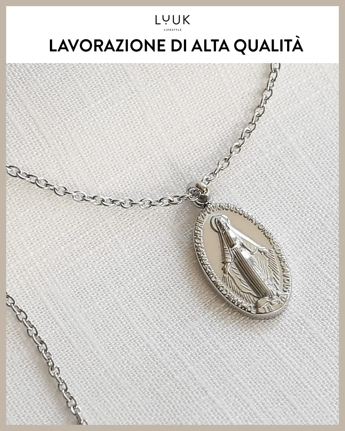 LUUK LIFESTYLE Collana con Ciondolo Vergine Maria, Acciaio Inossidabile, Argento, 50cm - immagine 4