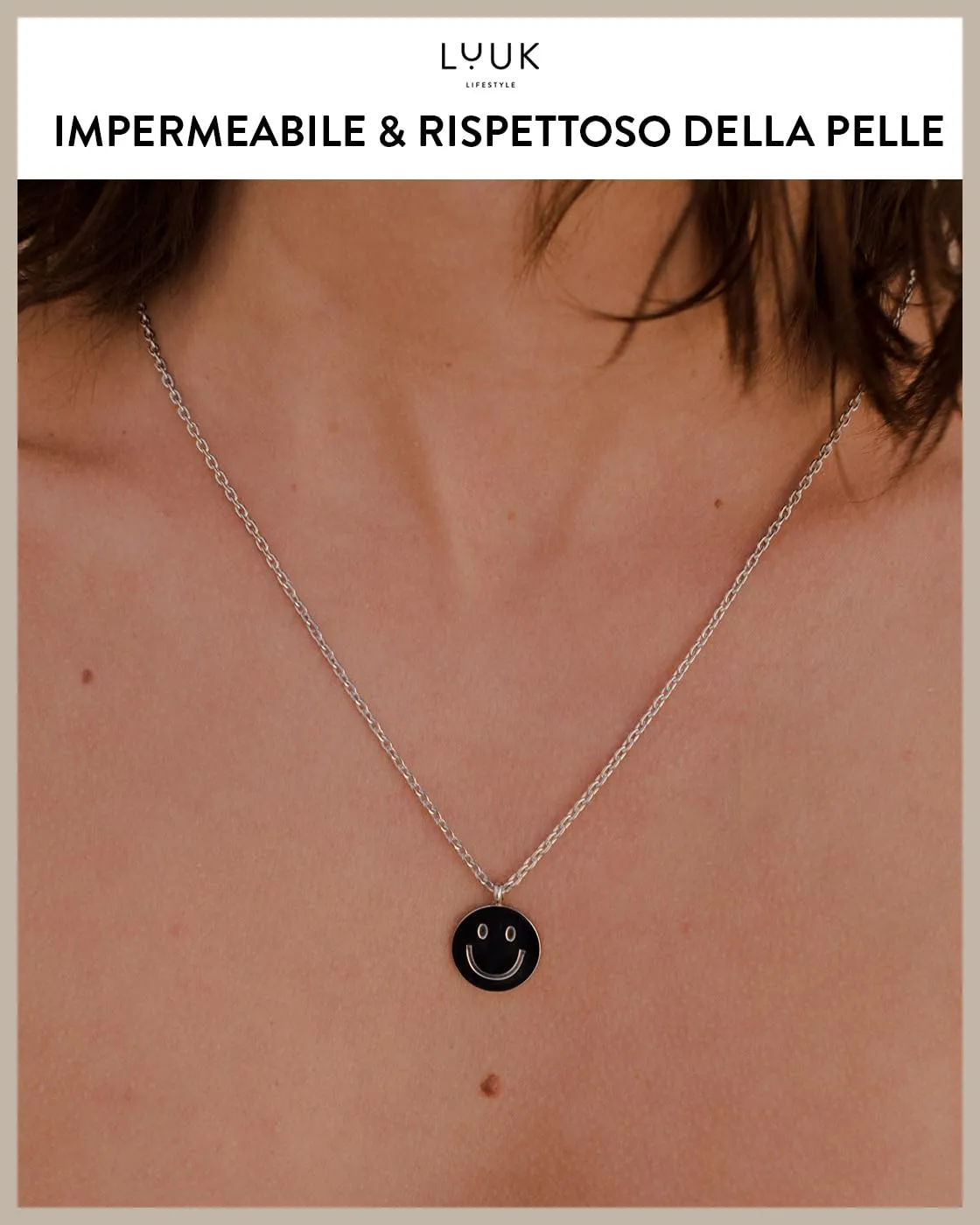 LUUK LIFESTYLE Collana con Ciondolo Smiley, Argento, 50cm - immagine 3