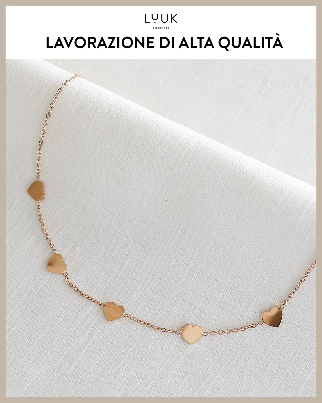 LUUK LIFESTYLE Collana in Acciaio Inox con Ciondolo di Cuori, Oro Rosa, 50cm - immagine 4