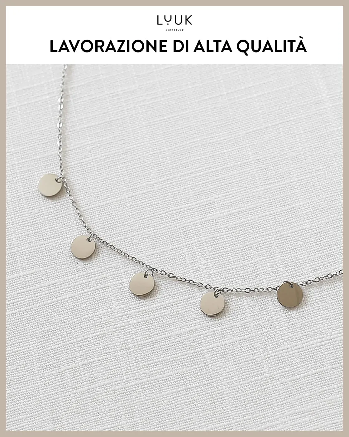 LUUK LIFESTYLE Collana con Ciondolo di dischi circolari, Argento, 50cm - immagine 4