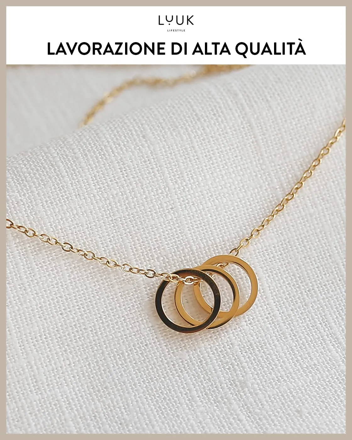 LUUK LIFESTYLE Collana in Acciaio Inossidabile con Ciondolo Anelli, Oro, 50cm - immagine 4