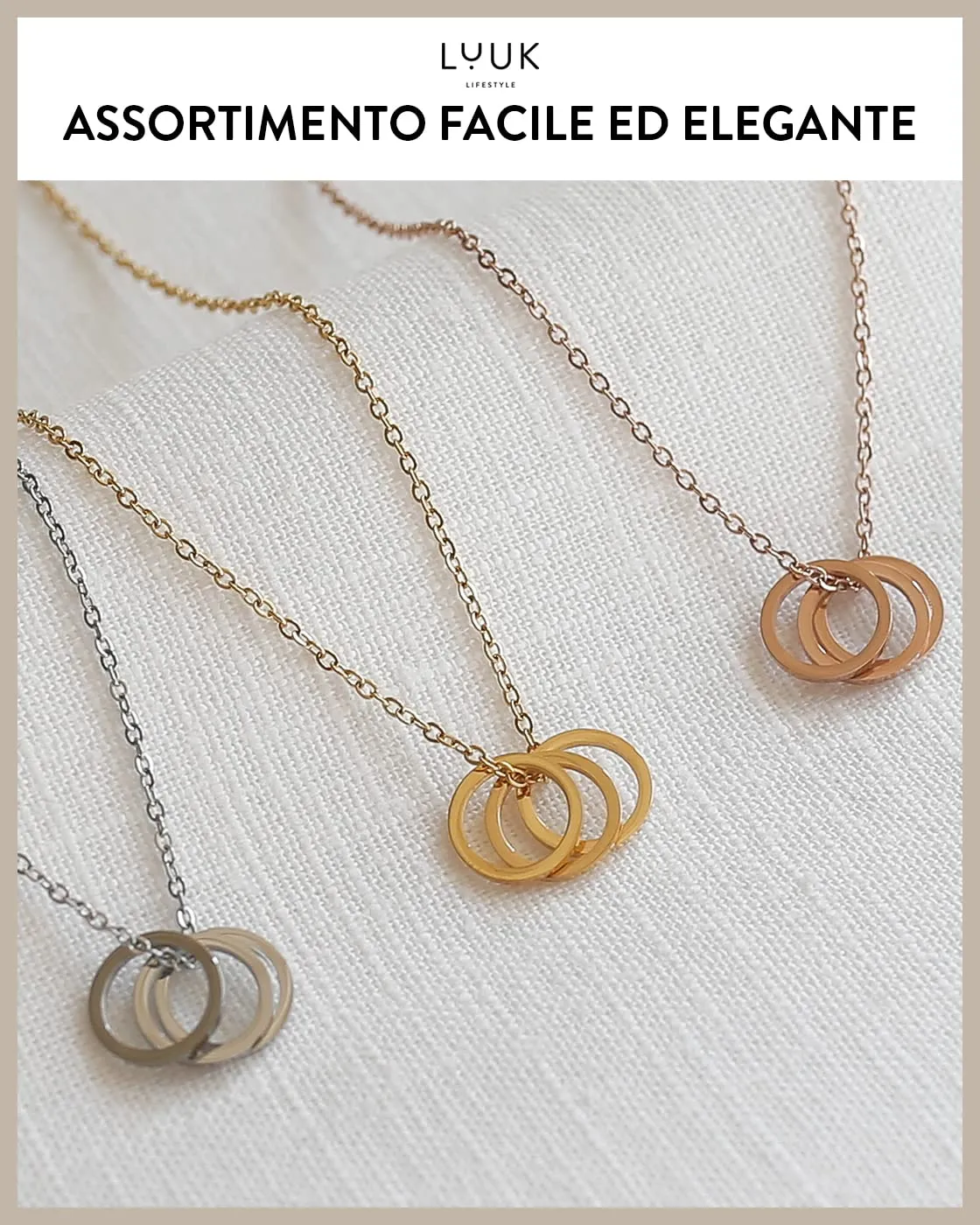 LUUK LIFESTYLE Collana in Acciaio Inossidabile con Ciondolo Anelli, Oro, 50cm - immagine 6