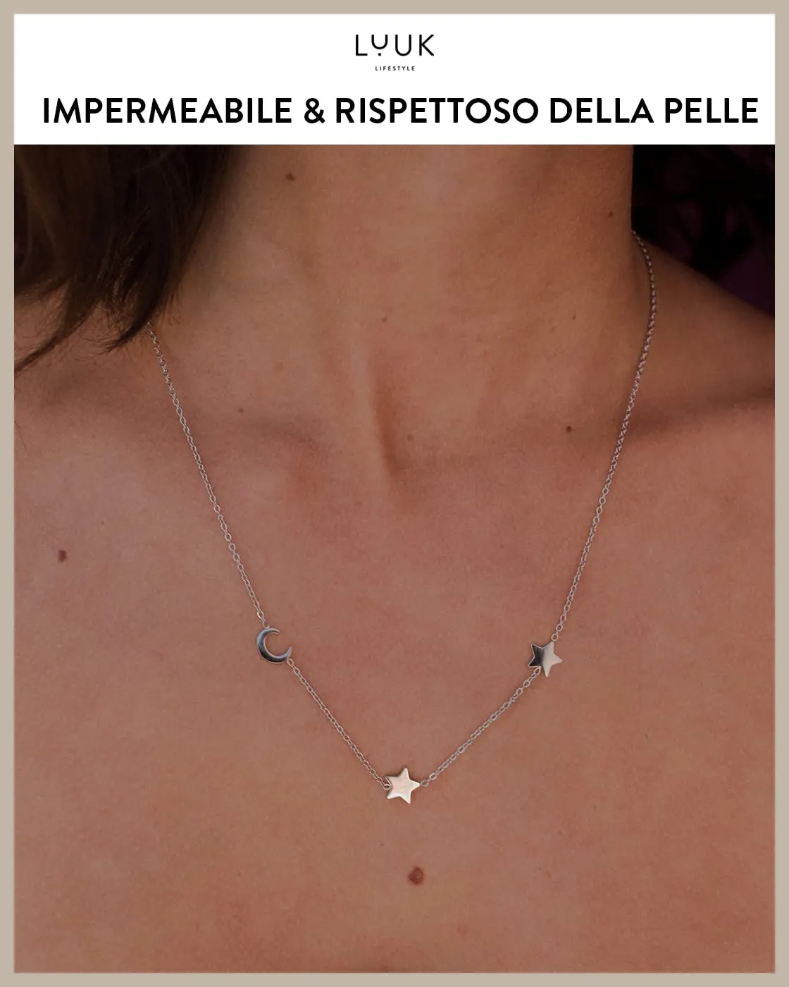 LUUK LIFESTYLE Collana con Ciondolo Luna e Stelle in Acciaio Inossidabile, Argento, 50cm - immagine 3