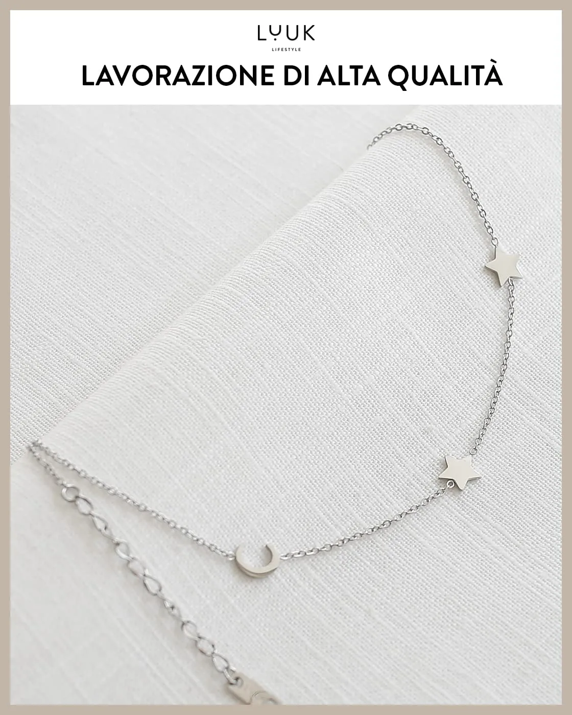 LUUK LIFESTYLE Collana con Ciondolo Luna e Stelle in Acciaio Inossidabile, Argento, 50cm - immagine 4