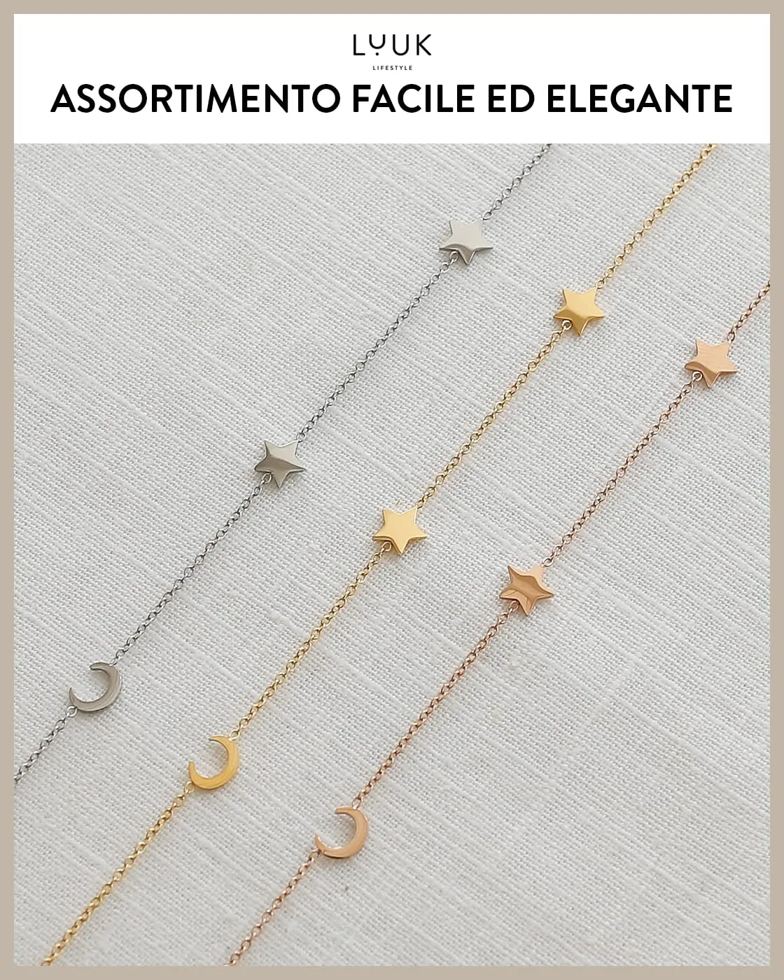 LUUK LIFESTYLE Collana con Ciondolo Luna e Stelle in Acciaio Inossidabile, Argento, 50cm - immagine 6