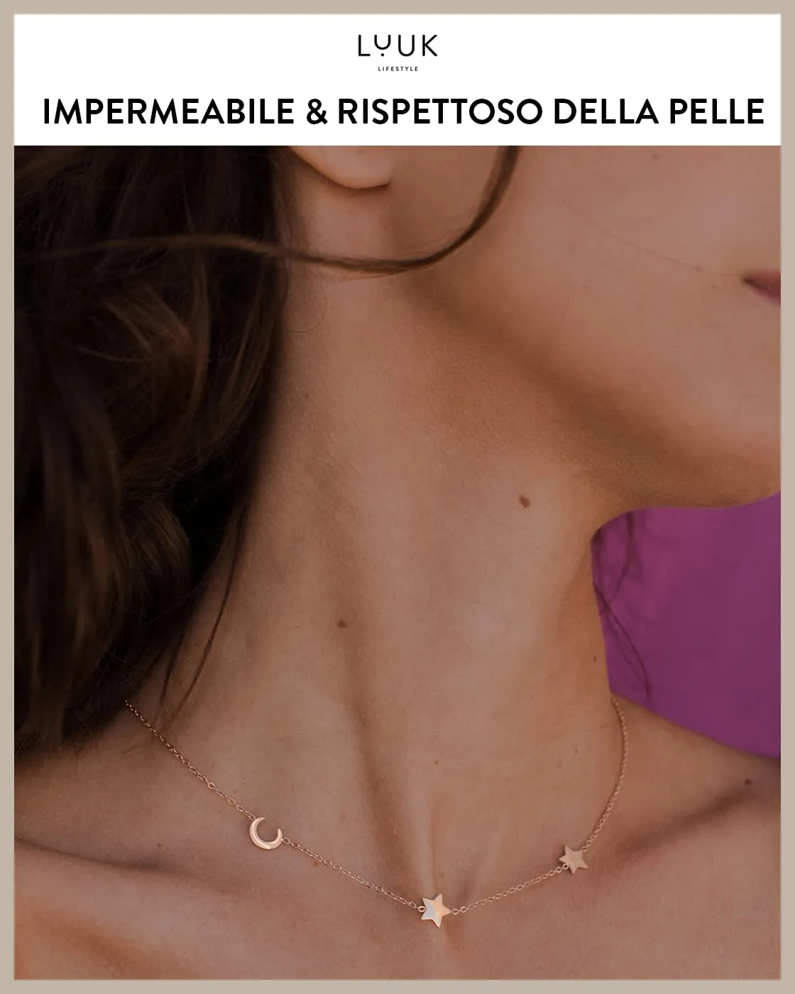 LUUK LIFESTYLE Collana con Ciondolo Luna e Stelle, Oro Rosa, 50cm - immagine 3