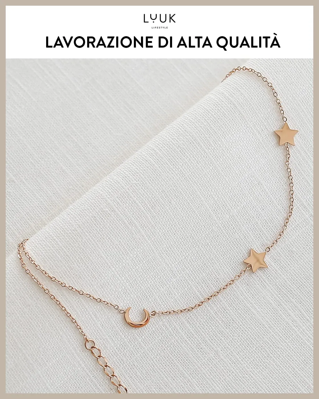 LUUK LIFESTYLE Collana con Ciondolo Luna e Stelle, Oro Rosa, 50cm - immagine 4