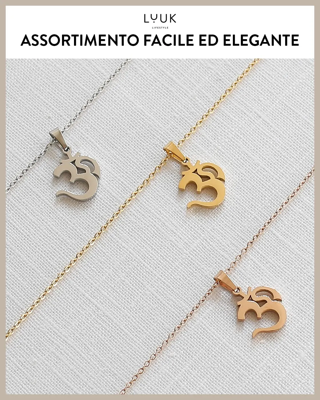 LUUK LIFESTYLE Collana in Acciaio Inox con Ciondolo Om, Oro, 50cm - immagine 6