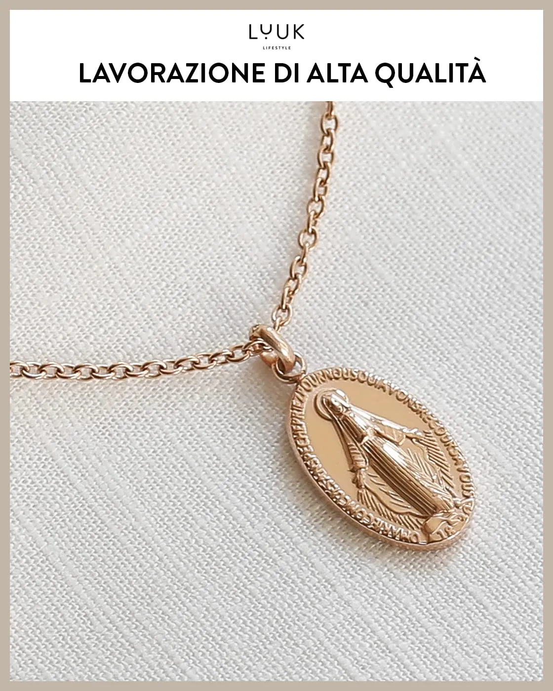 LUUK LIFESTYLE Collana con Ciondolo Vergine Maria, Oro Rosa, 50cm - immagine 4