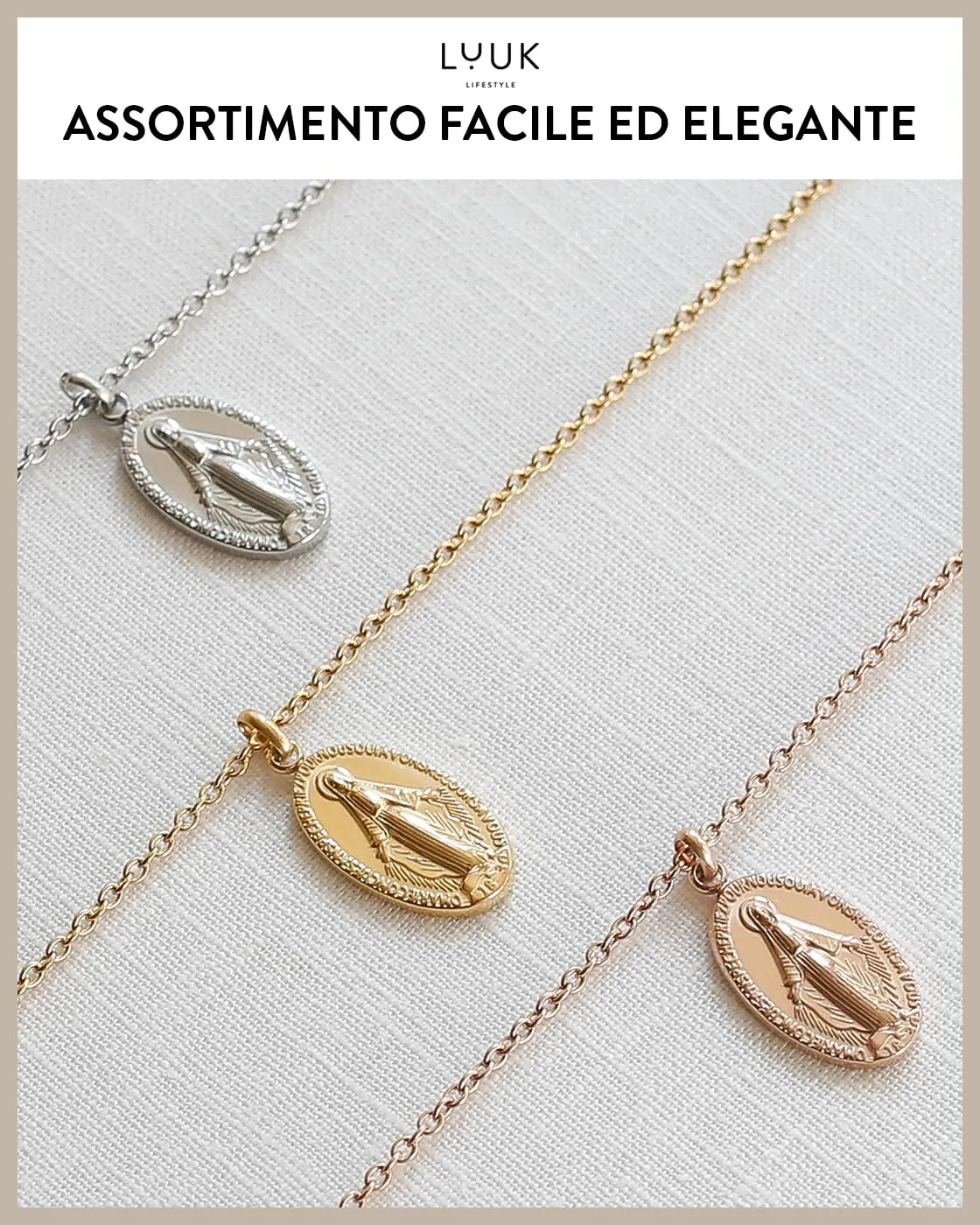 LUUK LIFESTYLE Collana con Ciondolo Vergine Maria, Oro Rosa, 50cm - immagine 6
