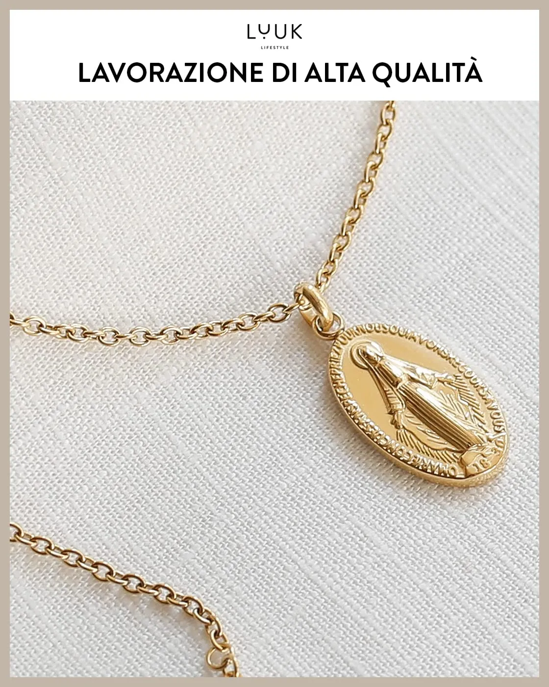 LUUK LIFESTYLE Collana Acciaio Inox con Ciondolo Vergine Maria, Oro, 50cm - immagine 4