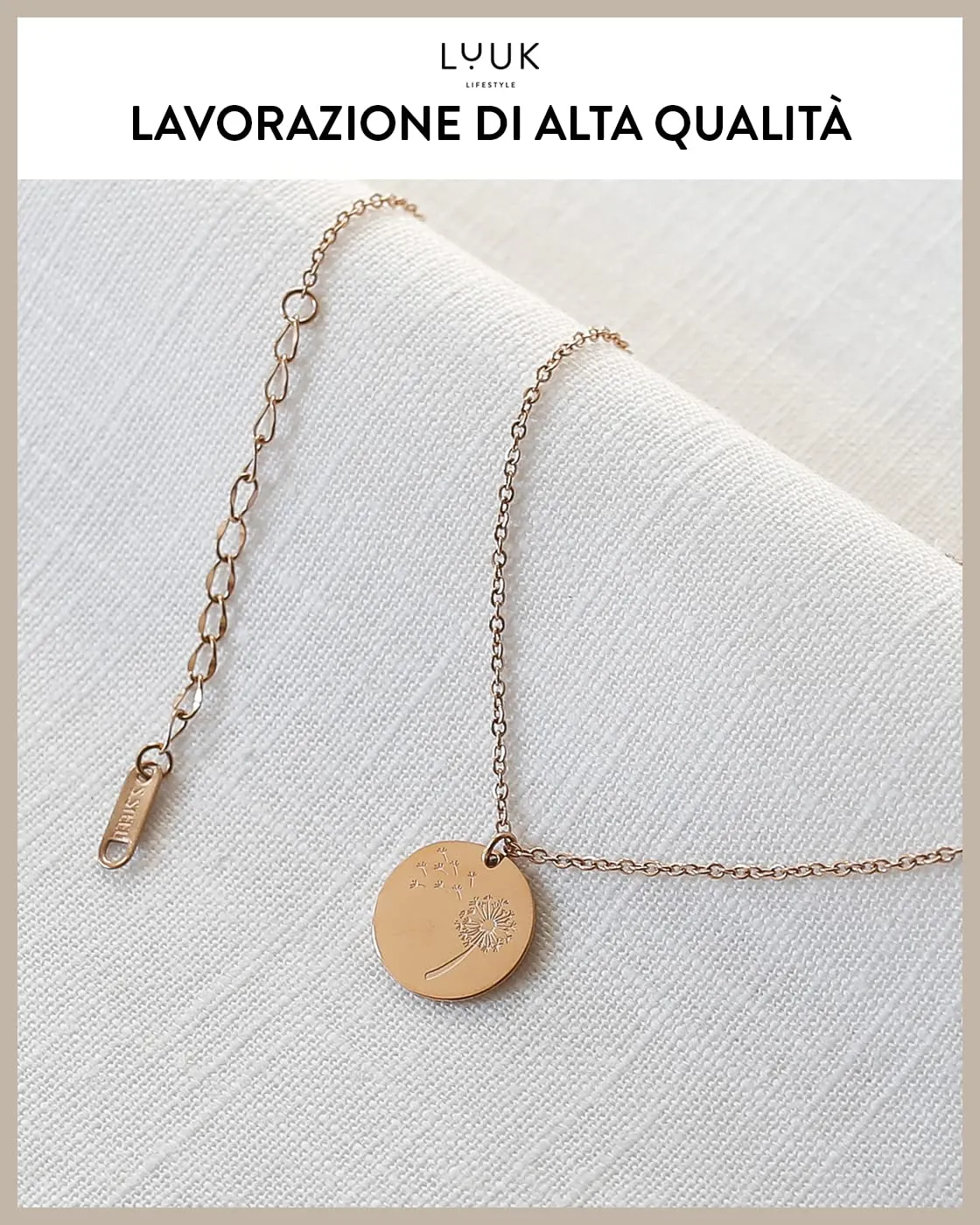 LUUK LIFESTYLE Collana con Ciondolo Dente di leone, Oro Rosa, 50cm - immagine 3
