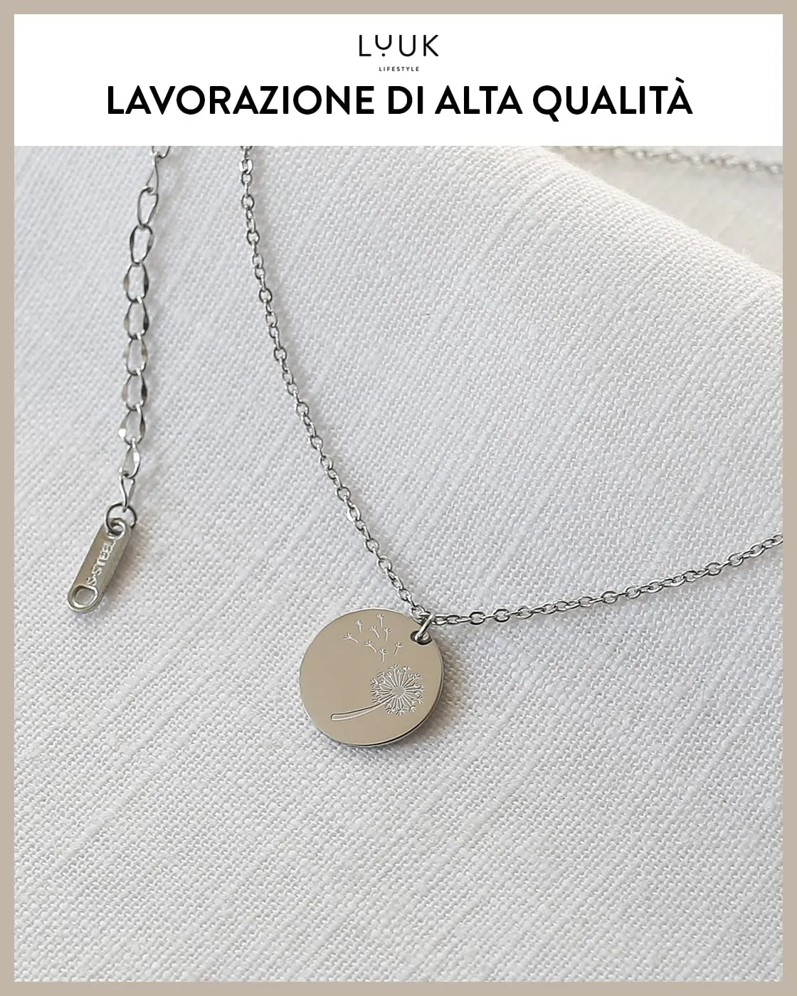 LUUK LIFESTYLE Collana con Ciondolo Dente di leone, Argento, 50cm - immagine 4