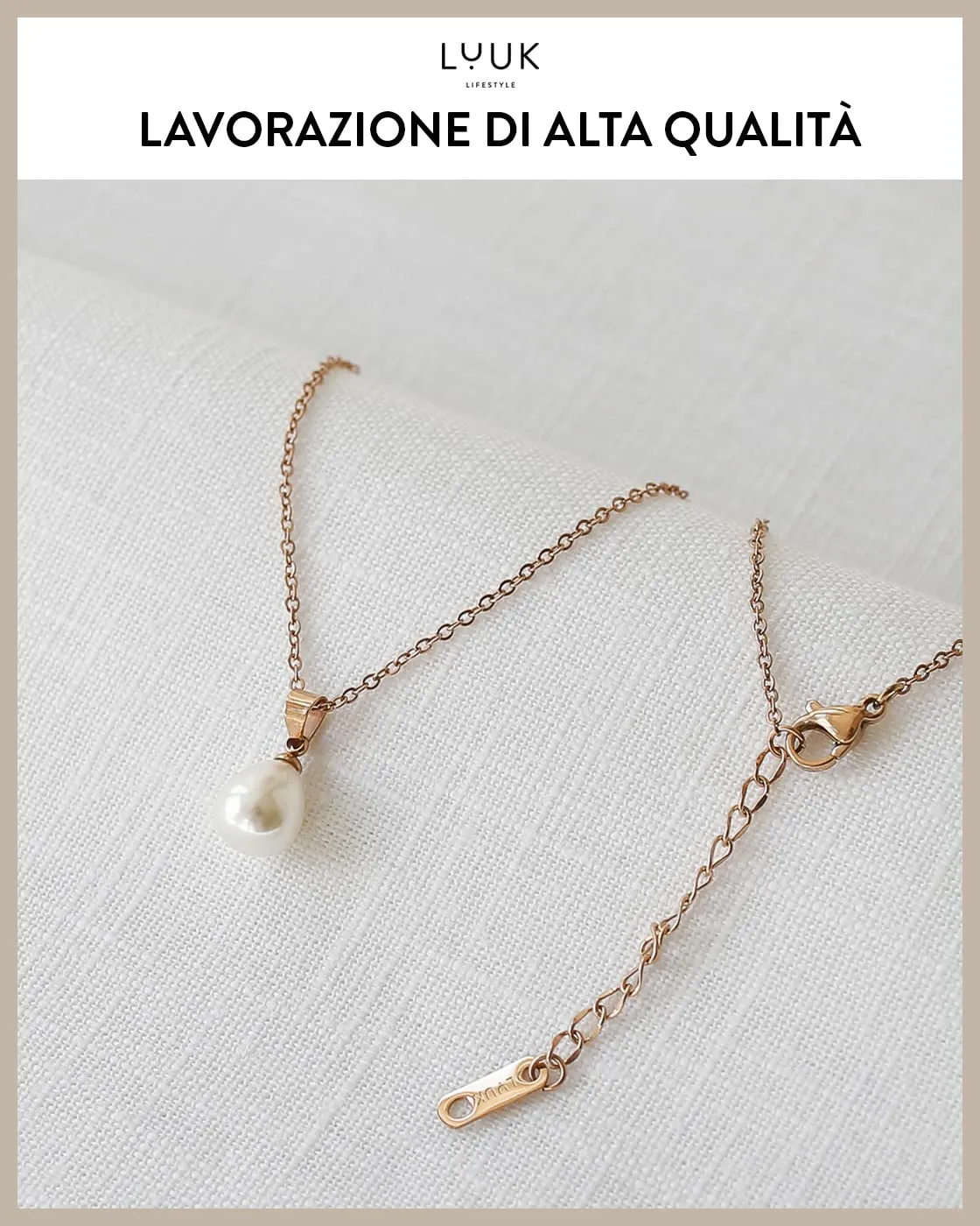 LUUK LIFESTYLE Collana in Acciaio Inox con Ciondolo Perla, Oro Rosa, 50cm - immagine 4