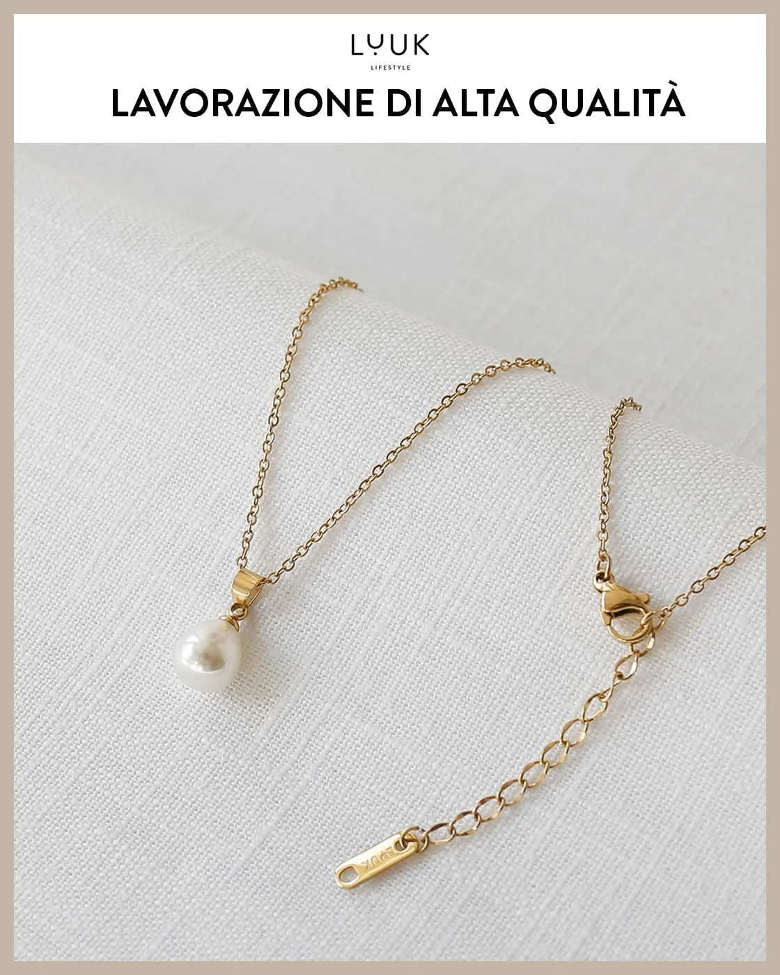 LUUK LIFESTYLE Collana in Acciaio Inox con Ciondolo Perla, Oro, 50cm - immagine 4