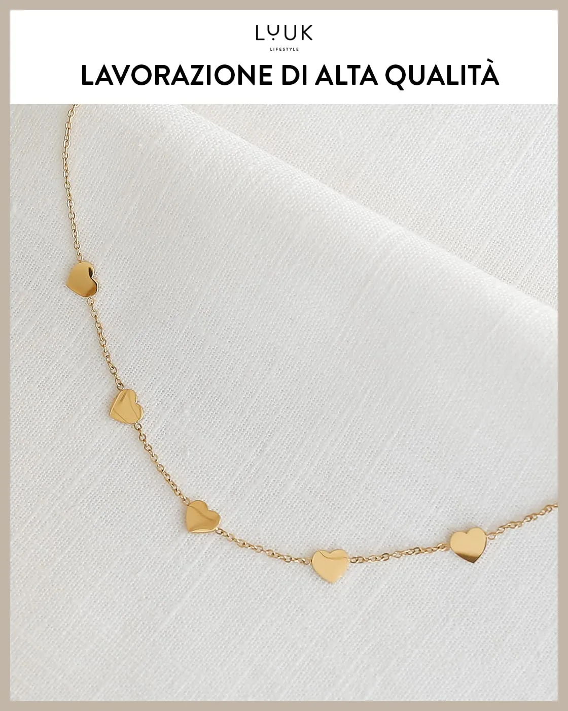 LUUK LIFESTYLE Collana in Acciaio Inossidabile con Ciondolo di Cuori, Oro, 50cm - immagine 4