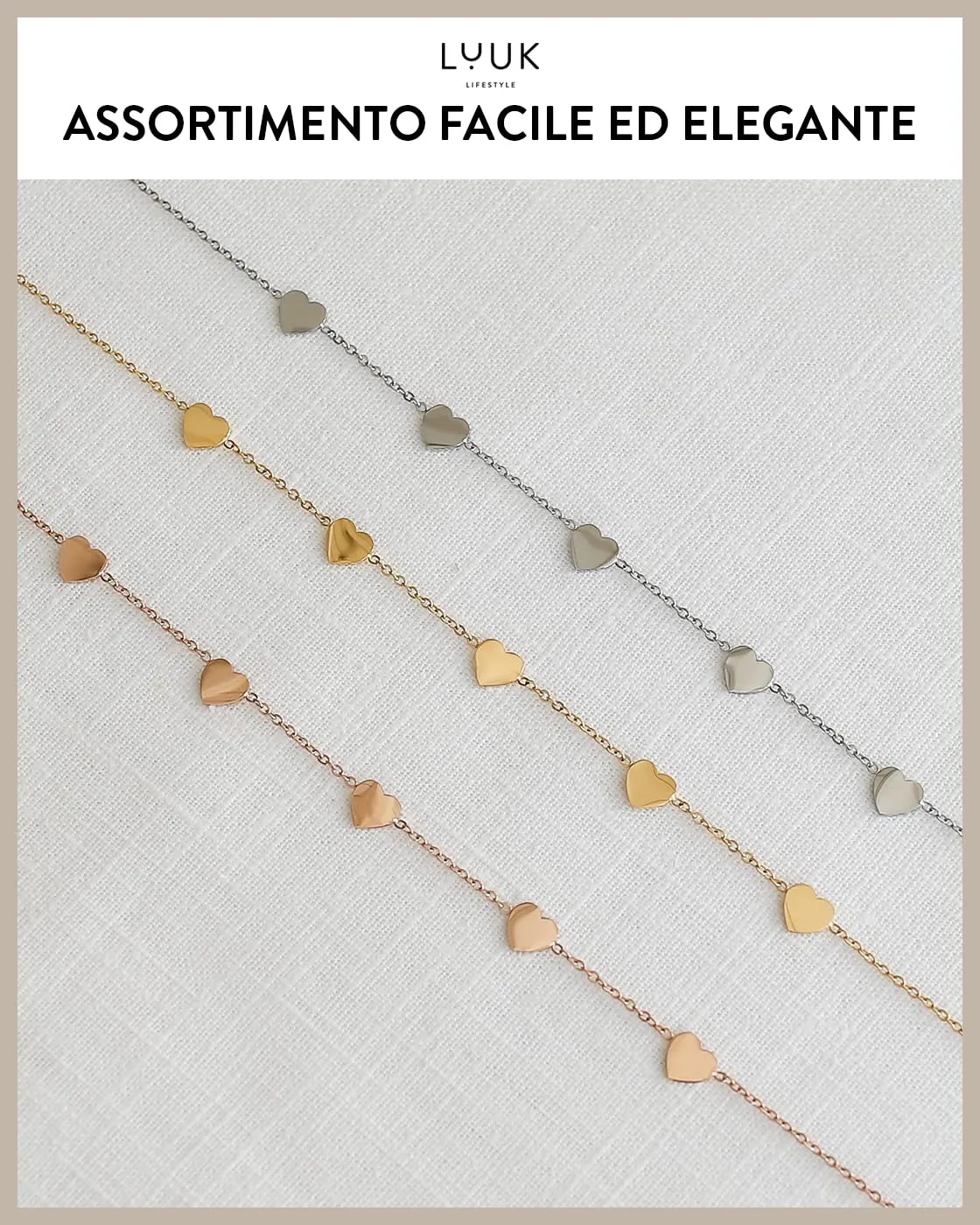 LUUK LIFESTYLE Collana in Acciaio Inossidabile con Ciondolo di Cuori, Oro, 50cm - immagine 6
