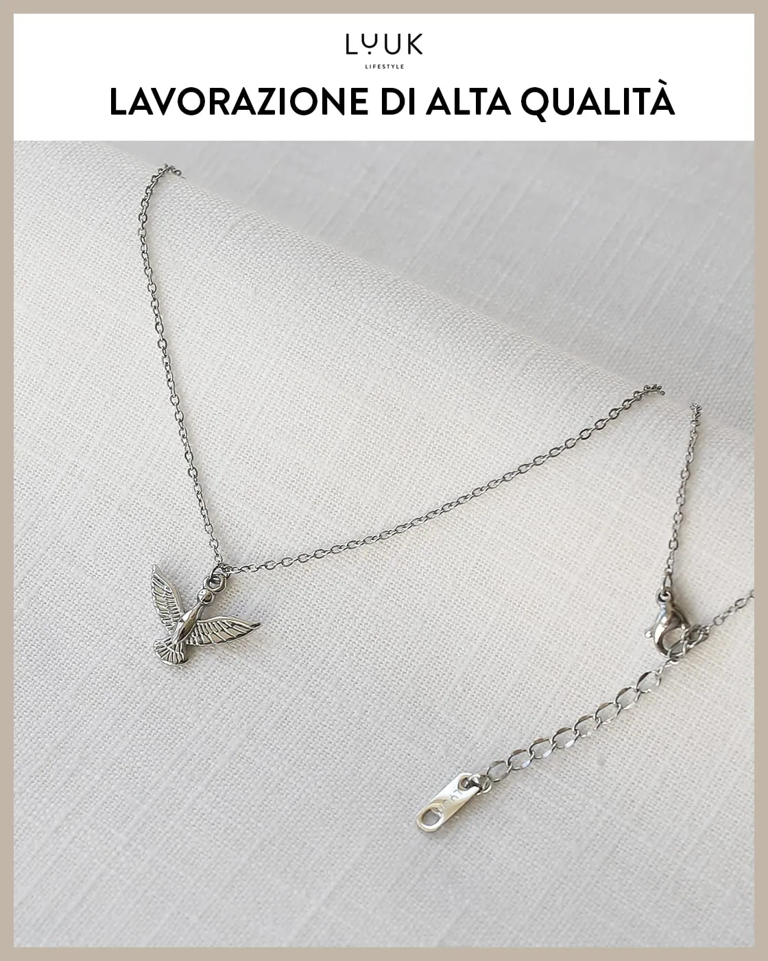 LUUK LIFESTYLE Collana in Acciaio Inox con Ciondolo Aquila, Argento, 50cm - immagine 4