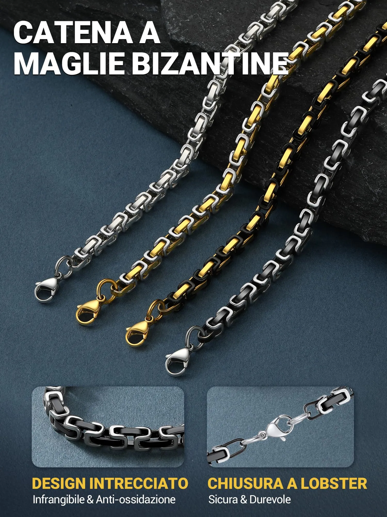 PROSTEEL Collana Uomo Bizantina in Acciaio Inossidabile 4mm Argento 65cm - immagine 3