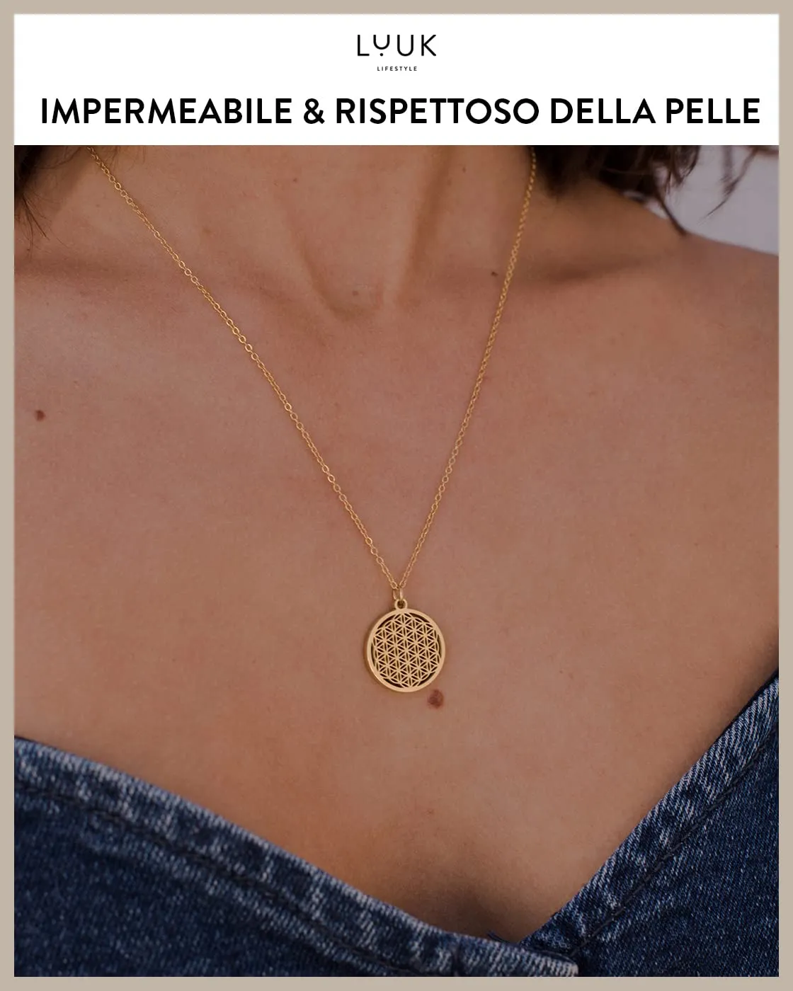LUUK LIFESTYLE Collana con Ciondolo Fiore della Vita, Acciaio Inossidabile, Oro, 50cm - immagine 3