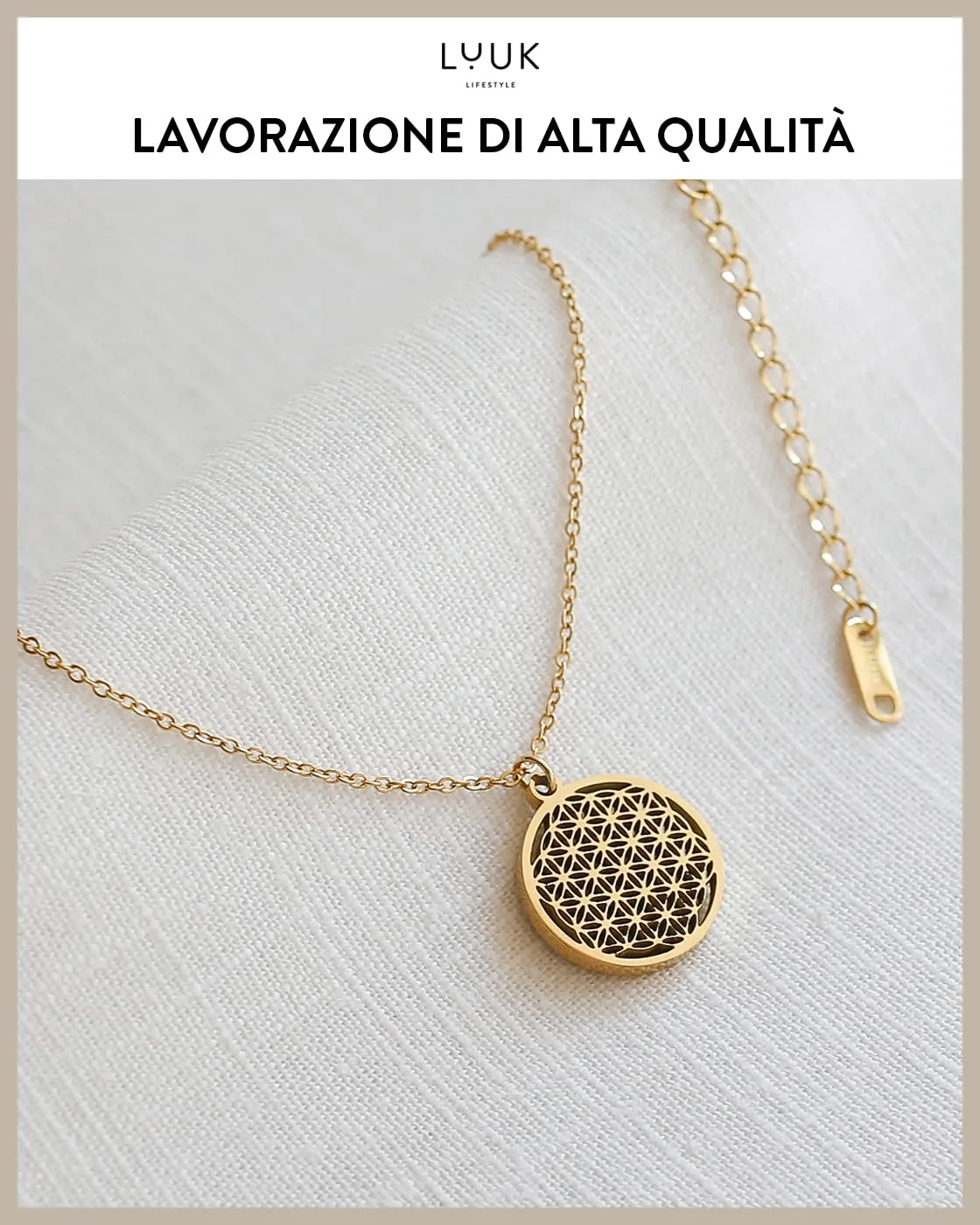 LUUK LIFESTYLE Collana con Ciondolo Fiore della Vita, Acciaio Inossidabile, Oro, 50cm - immagine 4