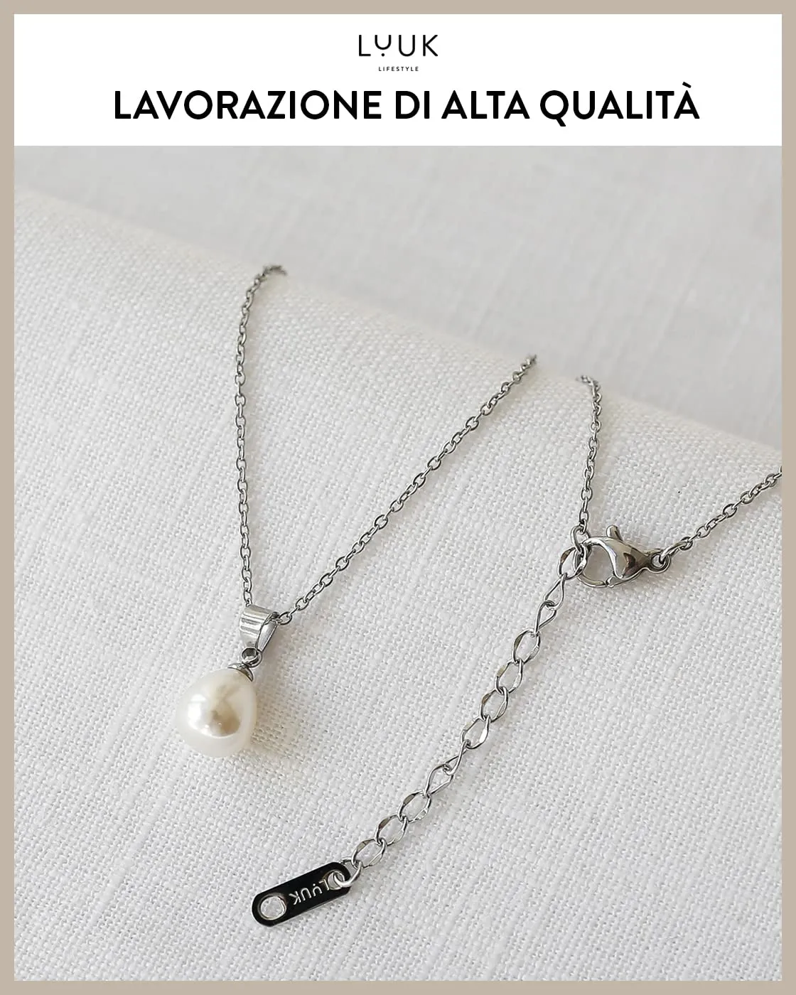 LUUK LIFESTYLE Collana in Acciaio Inox con Ciondolo Perla, Argento, 50cm - immagine 4