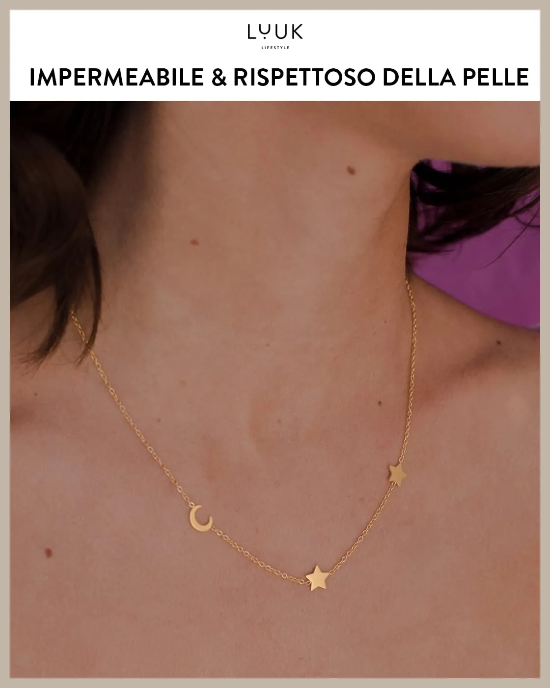 LUUK LIFESTYLE Collana in Acciaio Inox con Ciondolo Luna e Stelle, Oro, 50cm - immagine 3