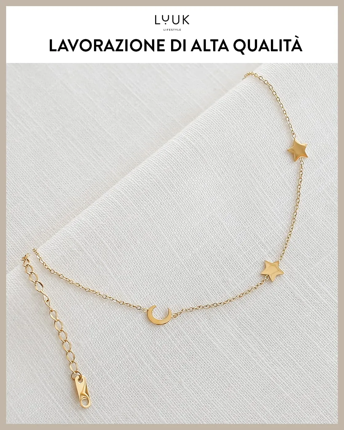 LUUK LIFESTYLE Collana in Acciaio Inox con Ciondolo Luna e Stelle, Oro, 50cm - immagine 4