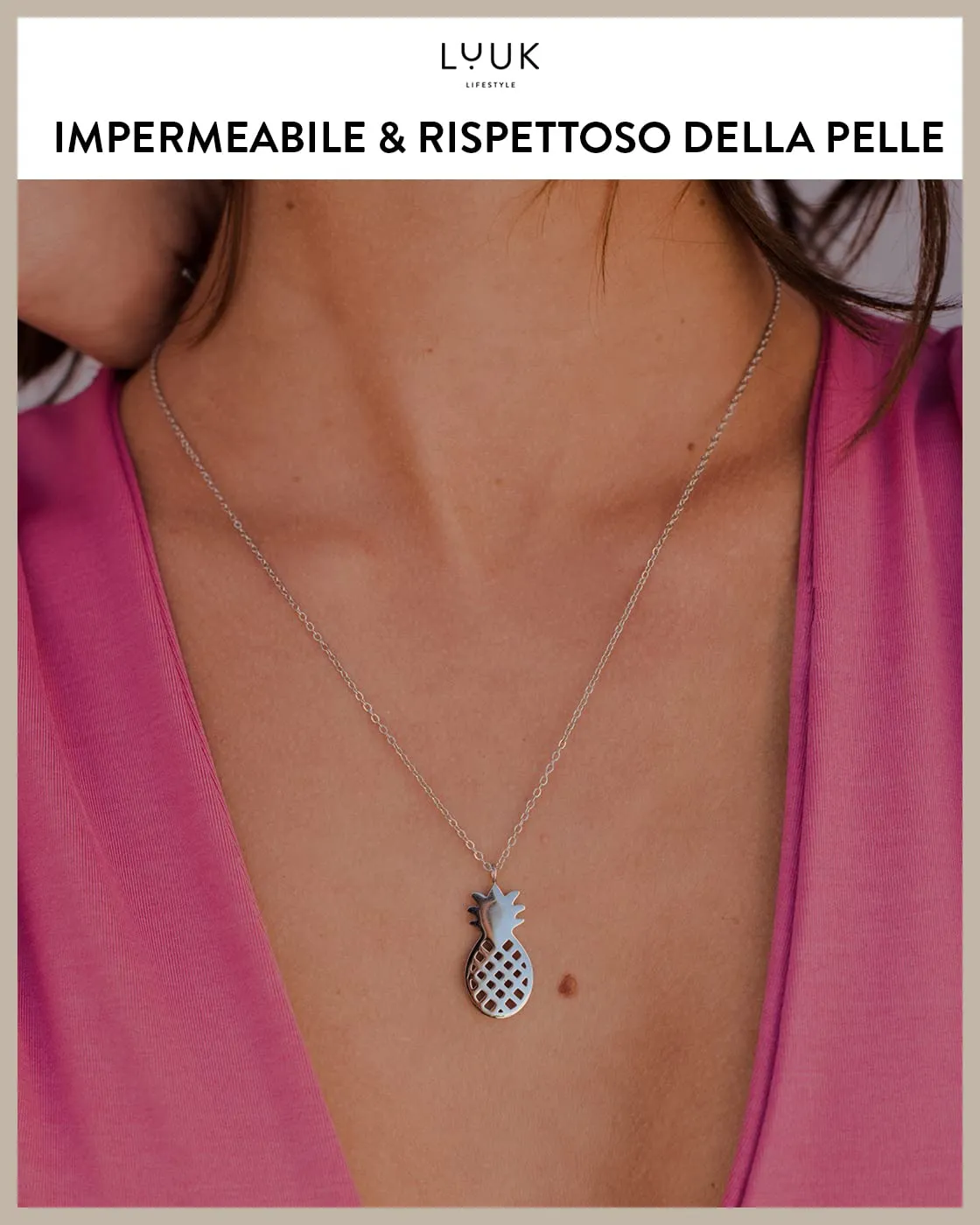 LUUK LIFESTYLE Collana in Acciaio Inox con Ciondolo Ananas, Argento, 50cm - immagine 3