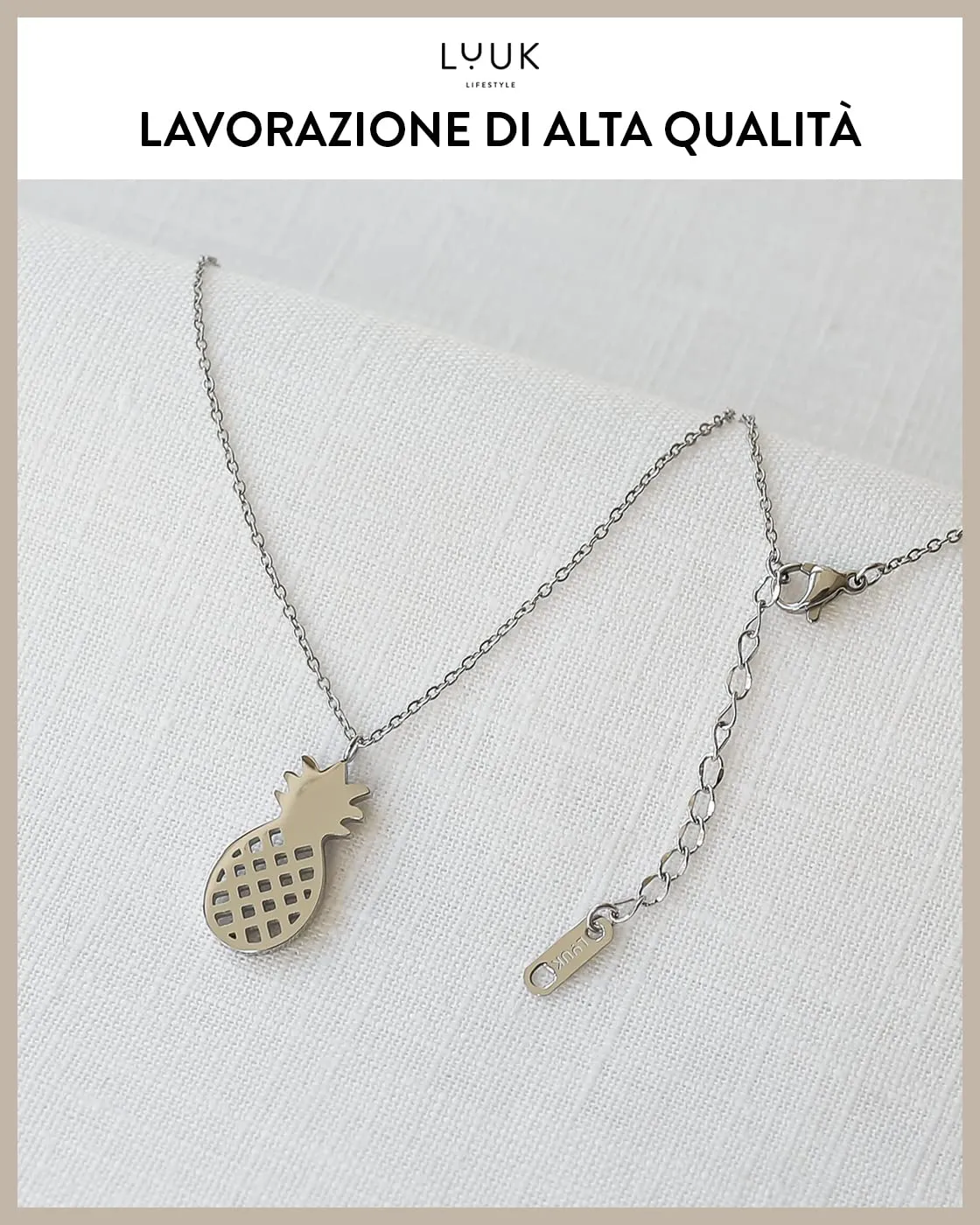 LUUK LIFESTYLE Collana in Acciaio Inox con Ciondolo Ananas, Argento, 50cm - immagine 4