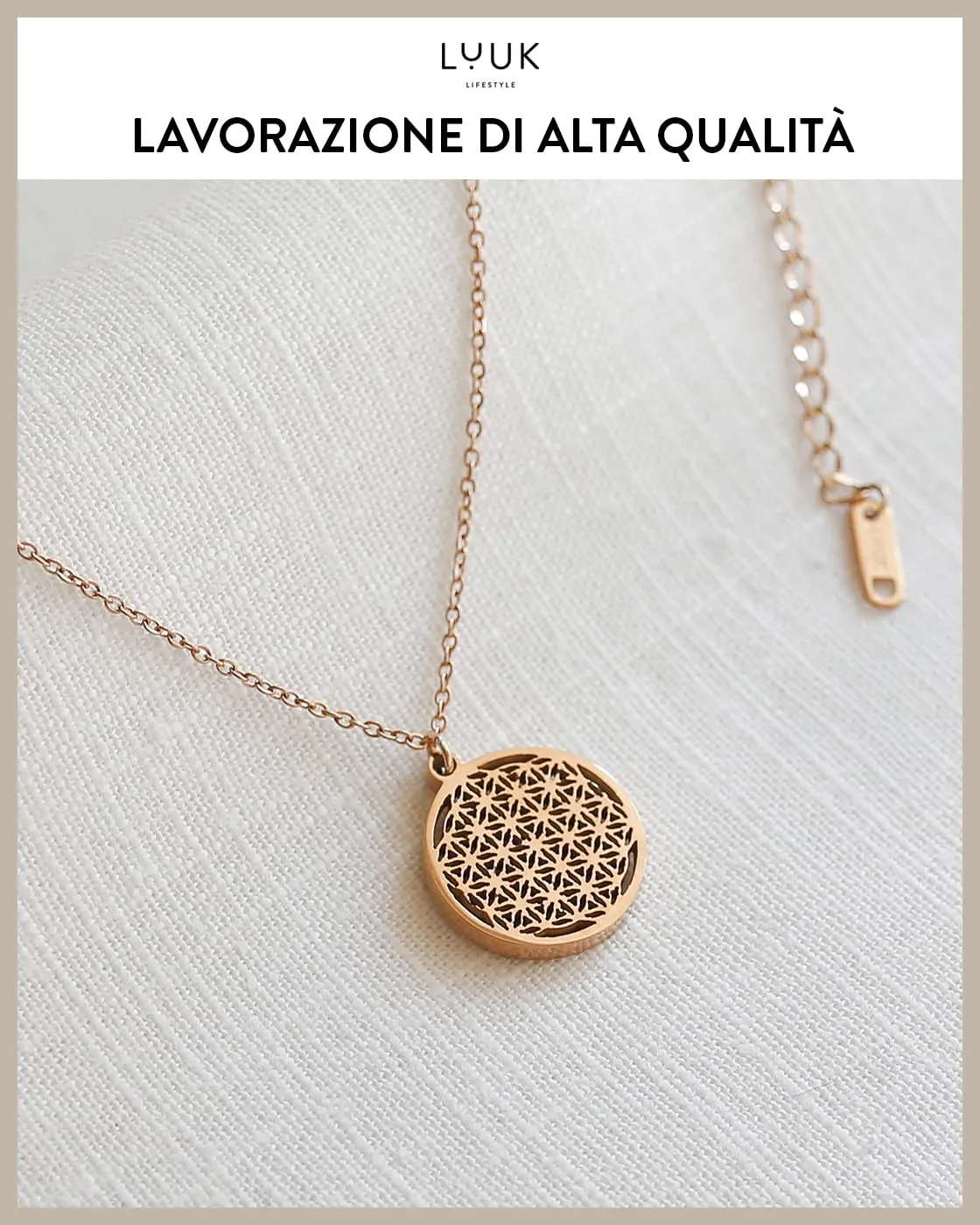 LUUK LIFESTYLE Collana con Ciondolo Fiore della Vita, Oro Rosa, 50cm - immagine 4