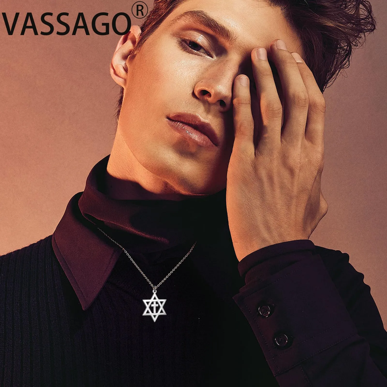 VASSAGO Collana con ciondolo Stella di David in acciaio inossidabile, Esagramma ebraico per uomo - immagine 2