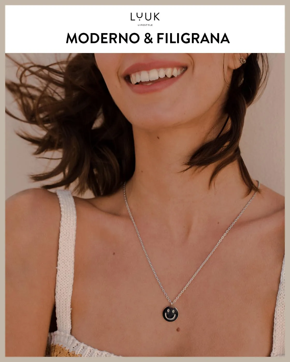 LUUK LIFESTYLE Collana in Acciaio Inox con Ciondolo Smiley, Argento, 50cm - immagine 2