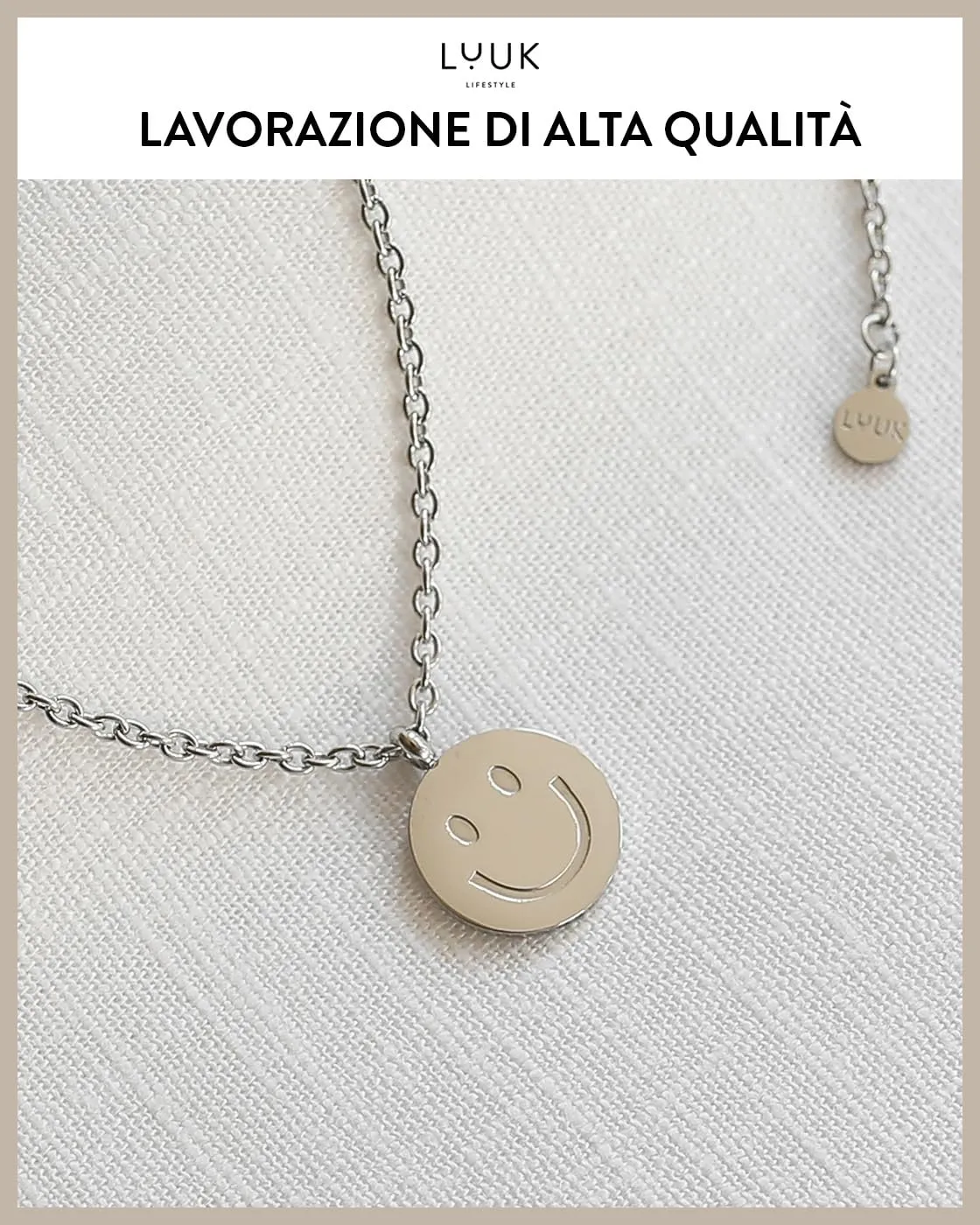 LUUK LIFESTYLE Collana in Acciaio Inox con Ciondolo Smiley, Argento, 50cm - immagine 4