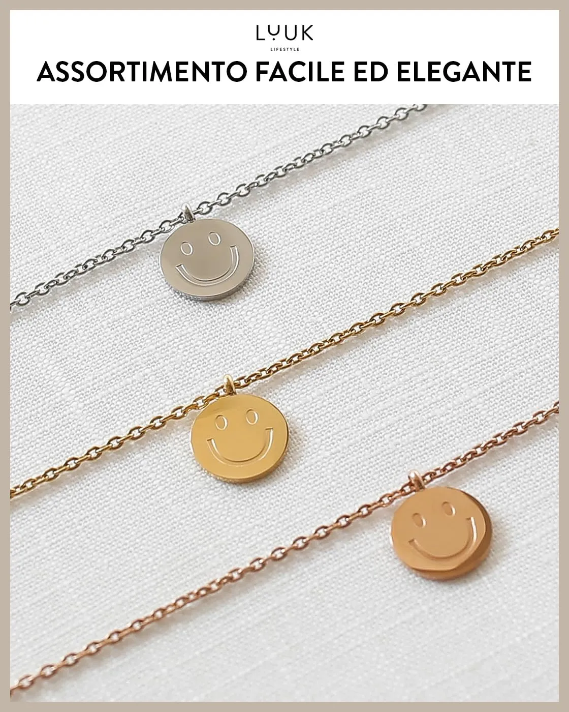LUUK LIFESTYLE Collana in Acciaio Inox con Ciondolo Smiley, Argento, 50cm - immagine 6