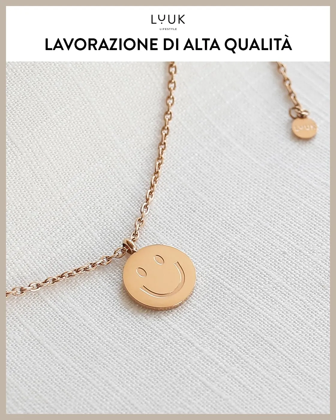 Luuk Lifestyle Collana in Acciaio Inox con Ciondolo Smiley, Oro Rosa, 50cm - immagine 4