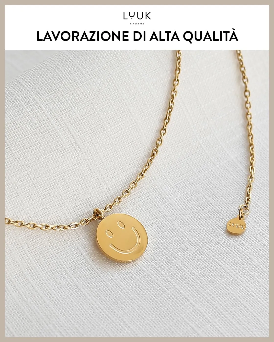 LUUK LIFESTYLE Collana in Acciaio Inox con Ciondolo Smiley, Oro, 50cm - immagine 4