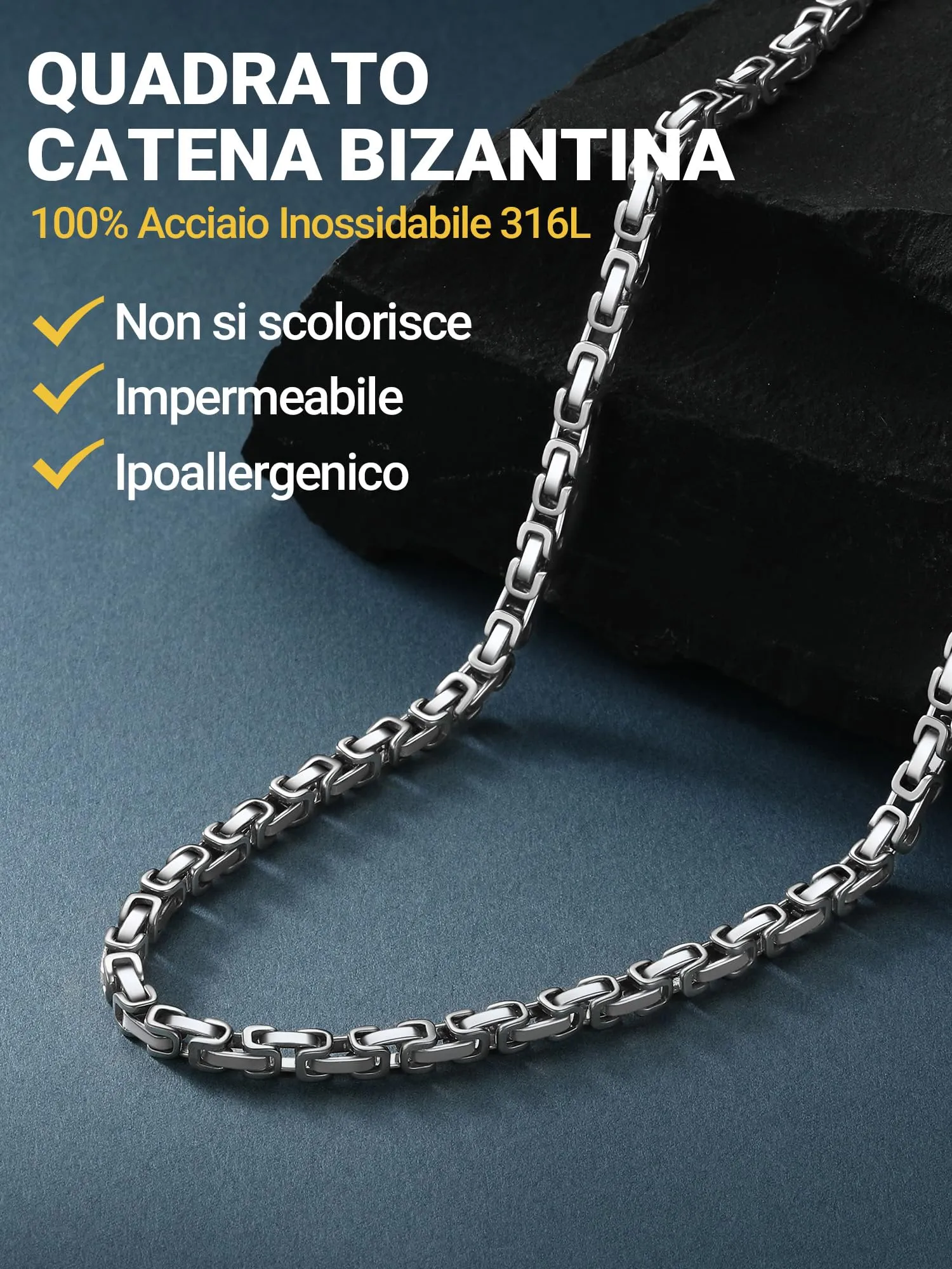 PROSTEEL Collana Uomo a Catena Bizantina 4mm in Acciaio Inossidabile, Argento - immagine 8