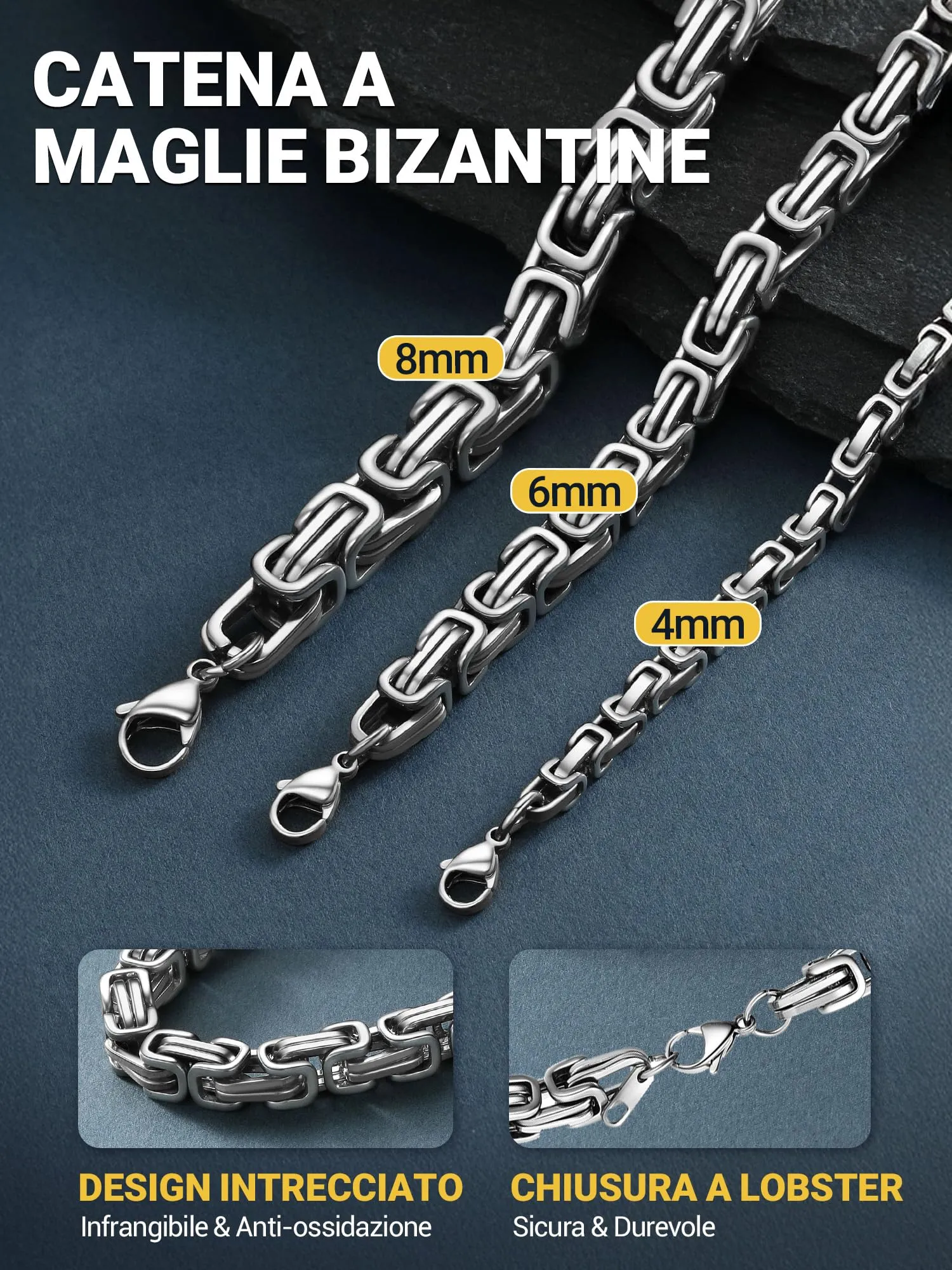 PROSTEEL Collana Bizantina Uomo in Acciaio Inossidabile 6mm Argento - immagine 7