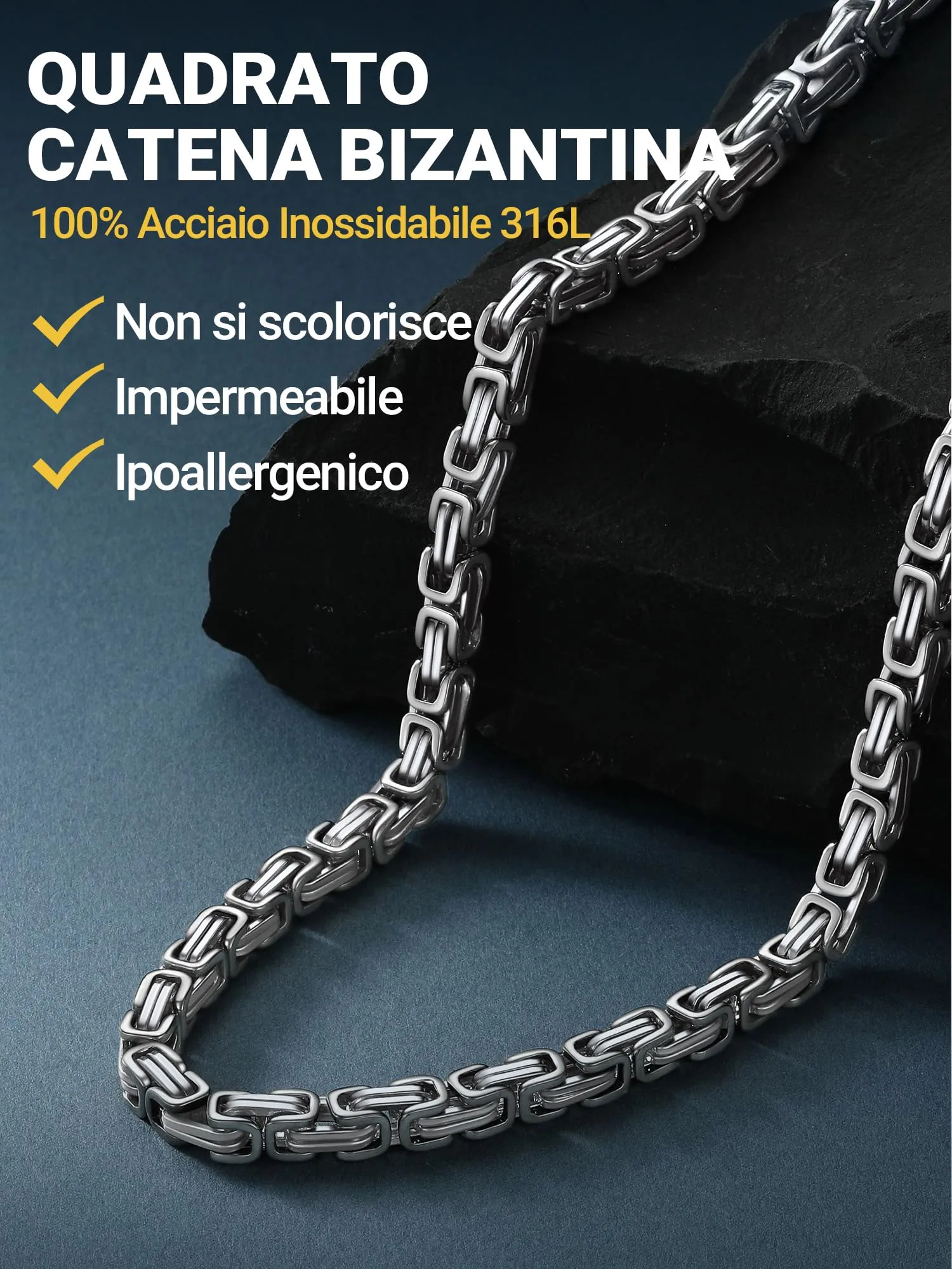 PROSTEEL Collana Uomo a Catena Bizantina in Acciaio Inossidabile 6mm Argento - immagine 5